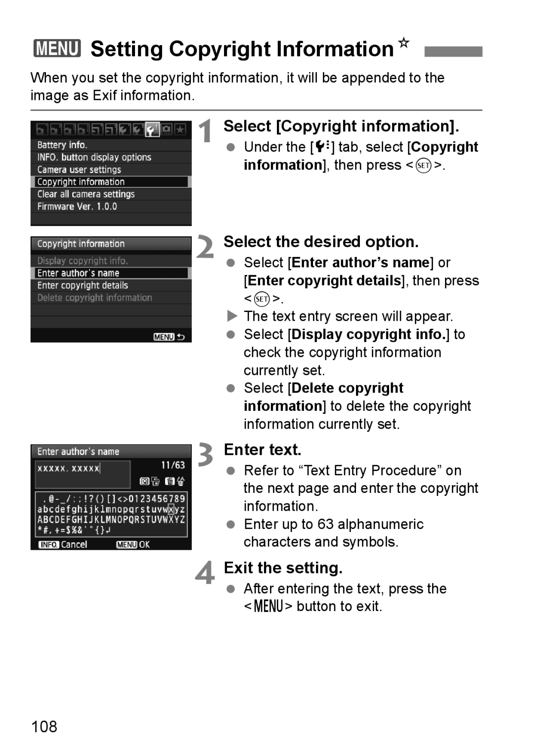 Canon 60D 3Setting Copyright InformationN, Select Copyright information, Select the desired option, Enter text, 108 