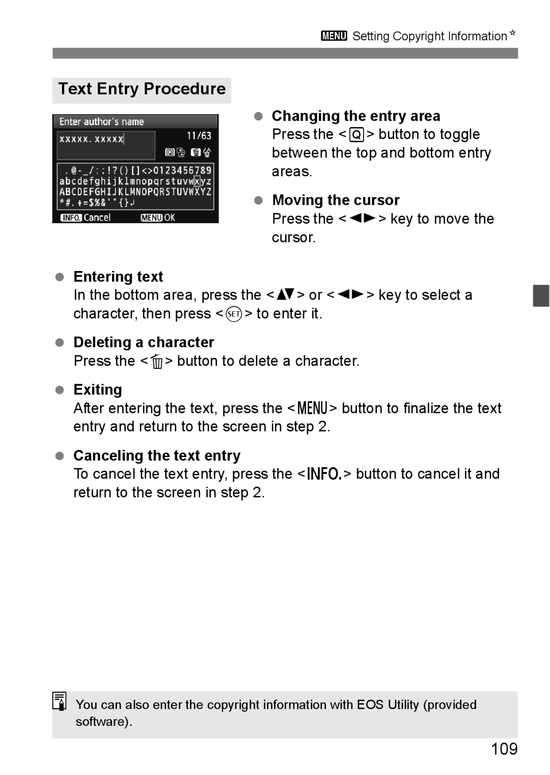 Canon 60D instruction manual Text Entry Procedure, 109 