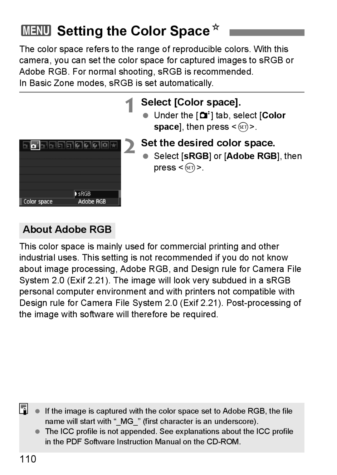 Canon 60D instruction manual 3Setting the Color SpaceN, Select Color space, About Adobe RGB, 110 