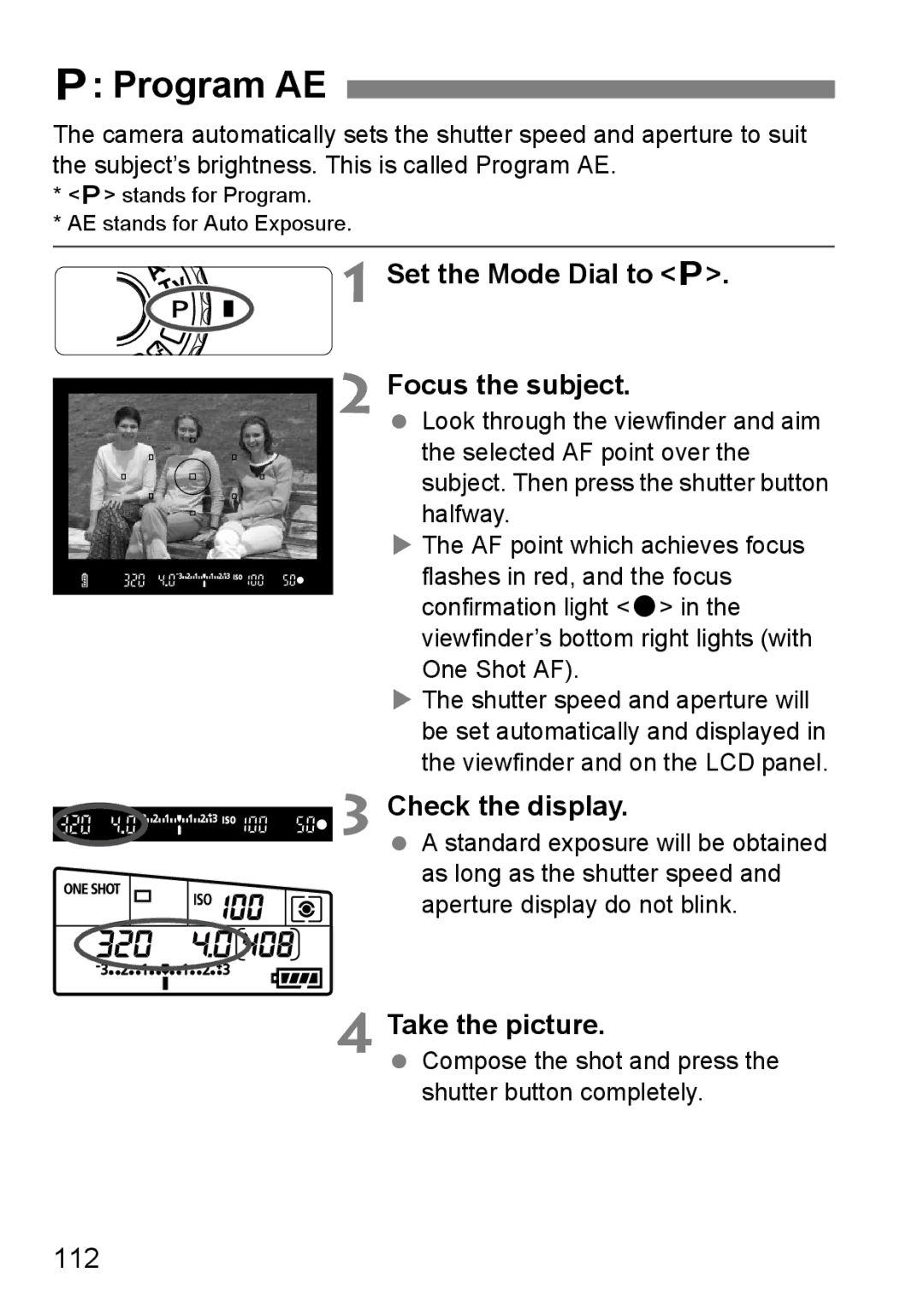 Canon 60D instruction manual Program AE, Set the Mode Dial to d Focus the subject, Check the display, 112 