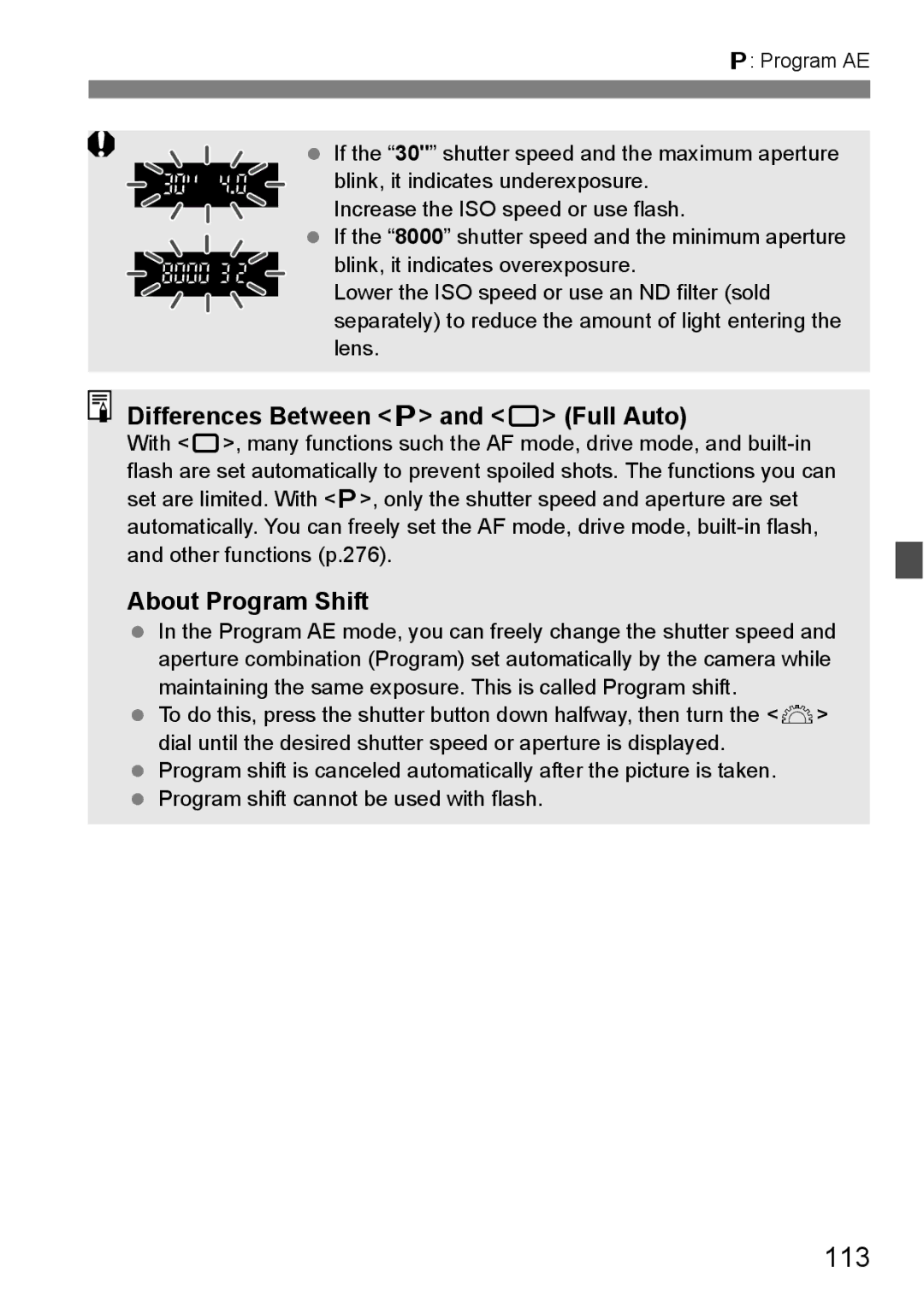 Canon 60D instruction manual 113, Differences Between d and 1 Full Auto, About Program Shift 