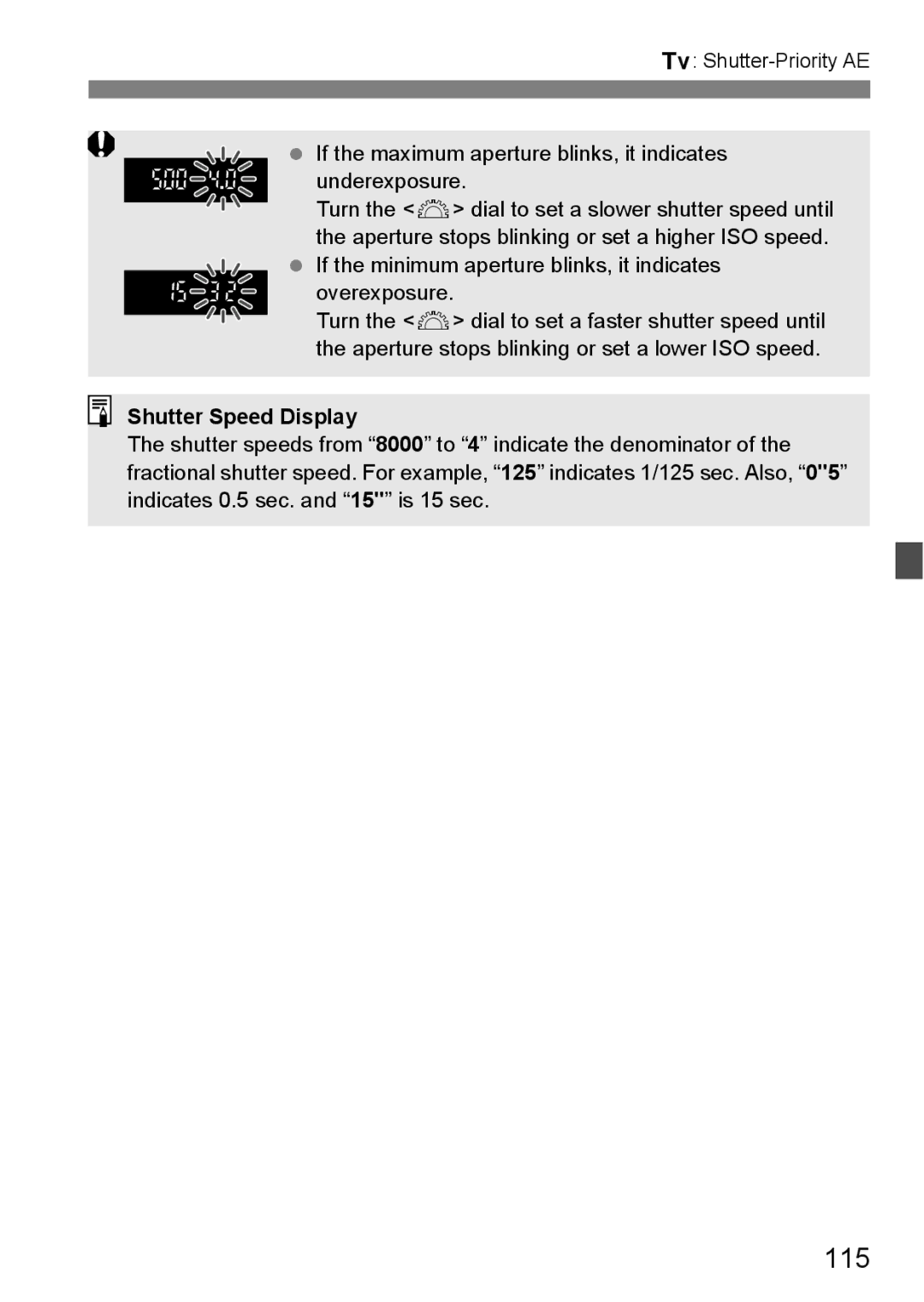 Canon 60D instruction manual 115, Shutter Speed Display 