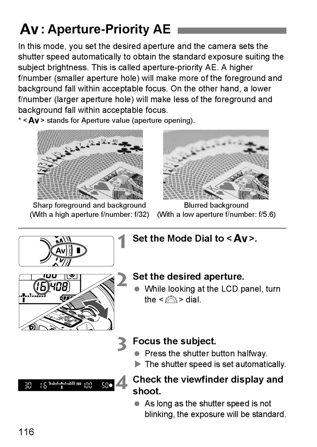 Canon 60D instruction manual Aperture-Priority AE, Set the Mode Dial to f Set the desired aperture, 116 