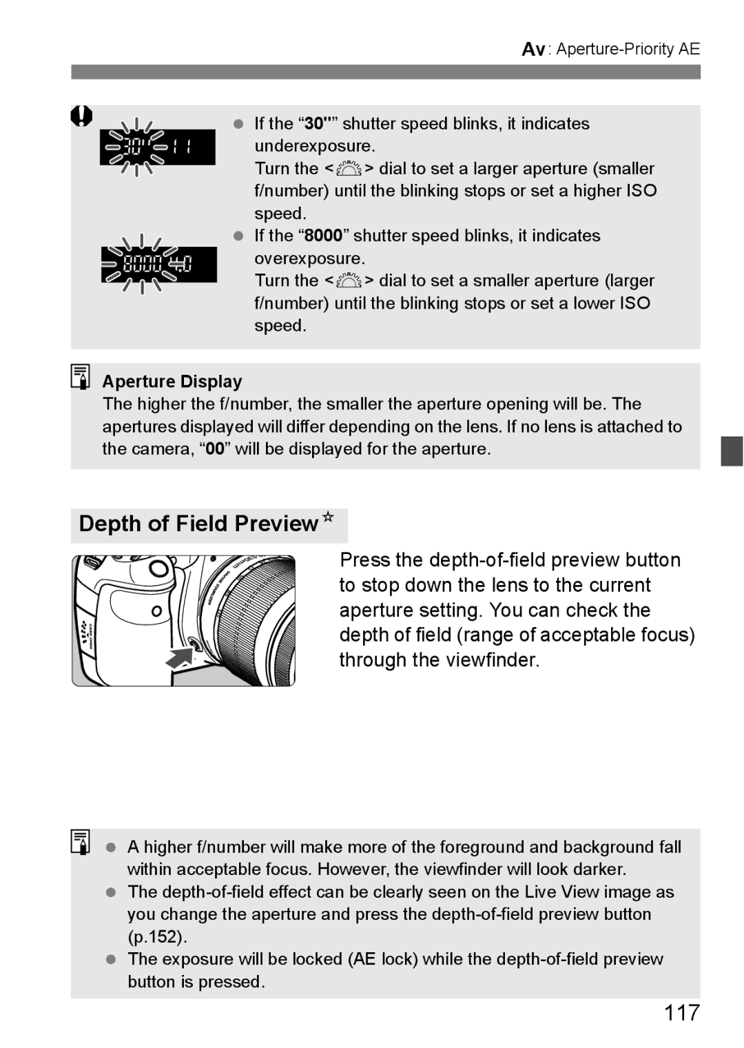 Canon 60D instruction manual Depth of Field PreviewN, 117, Aperture Display 