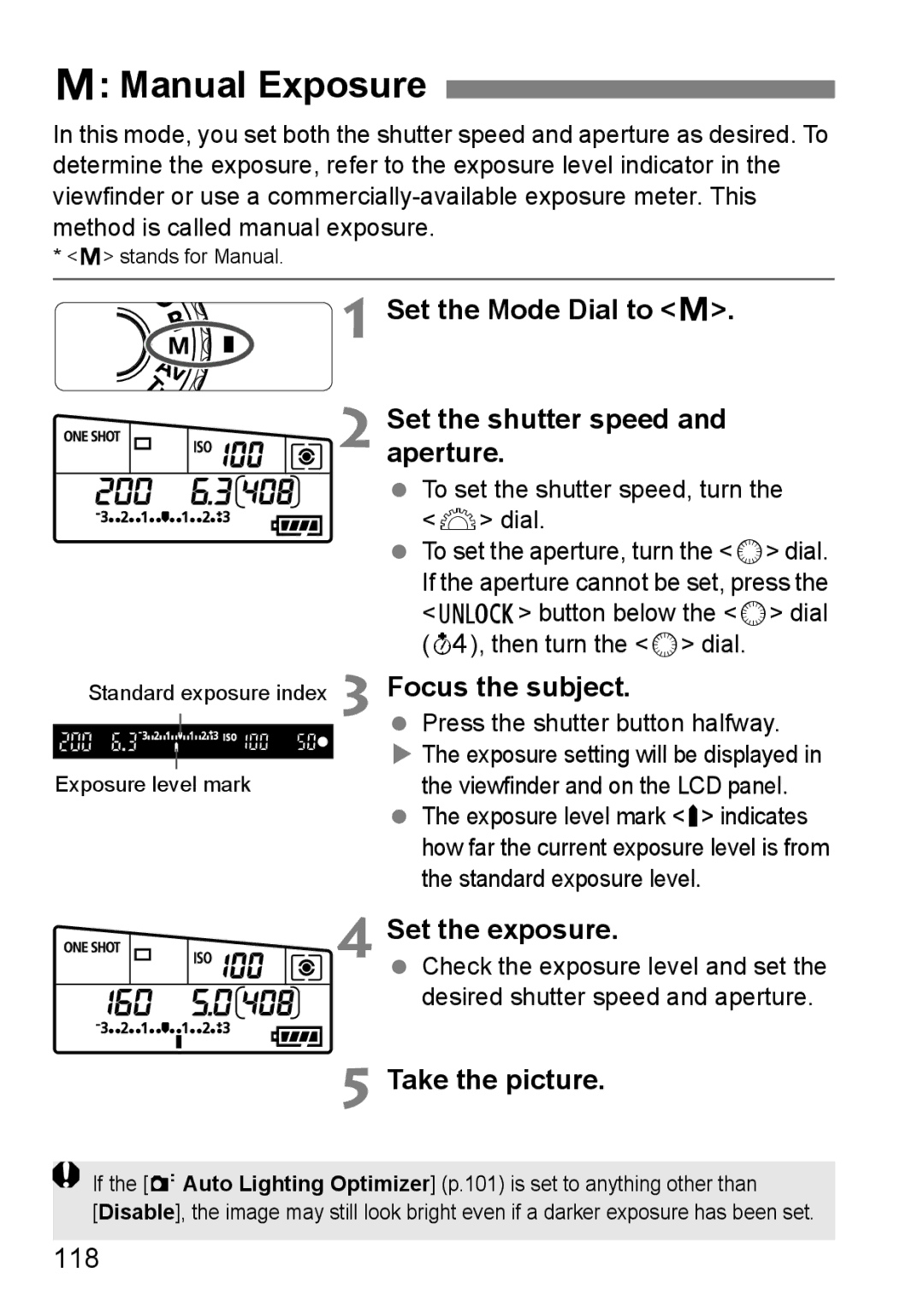 Canon 60D instruction manual Manual Exposure, Set the shutter speed and aperture, Set the exposure, 118 