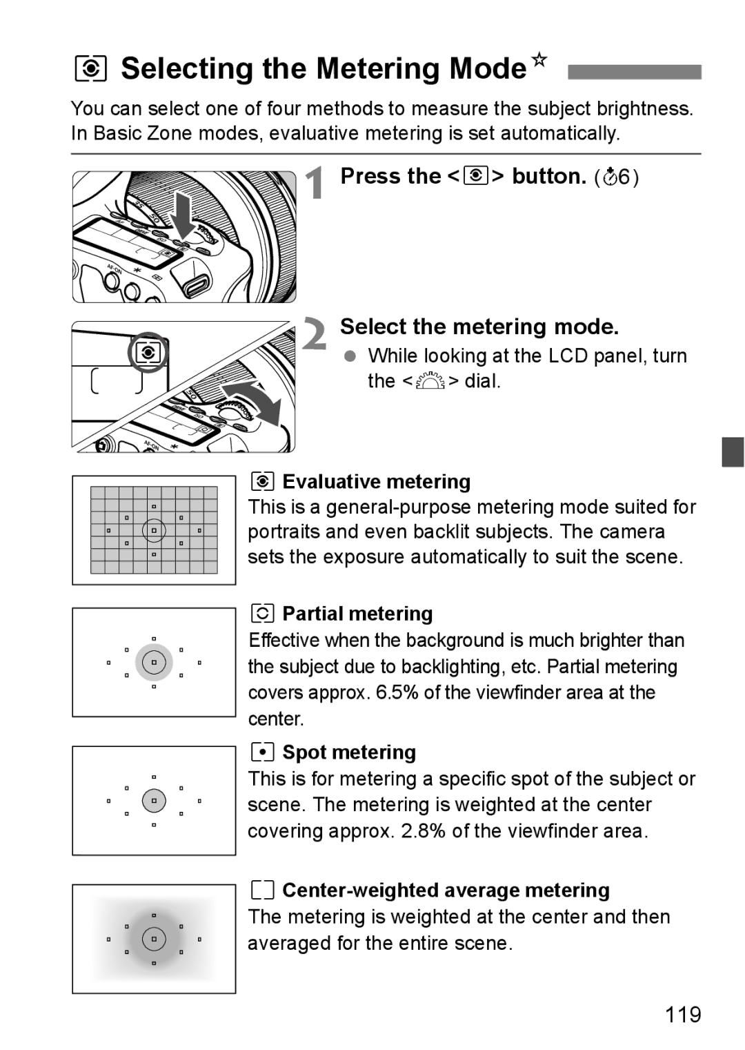 Canon 60D instruction manual QSelecting the Metering ModeN, Press the n button Select the metering mode, 119 