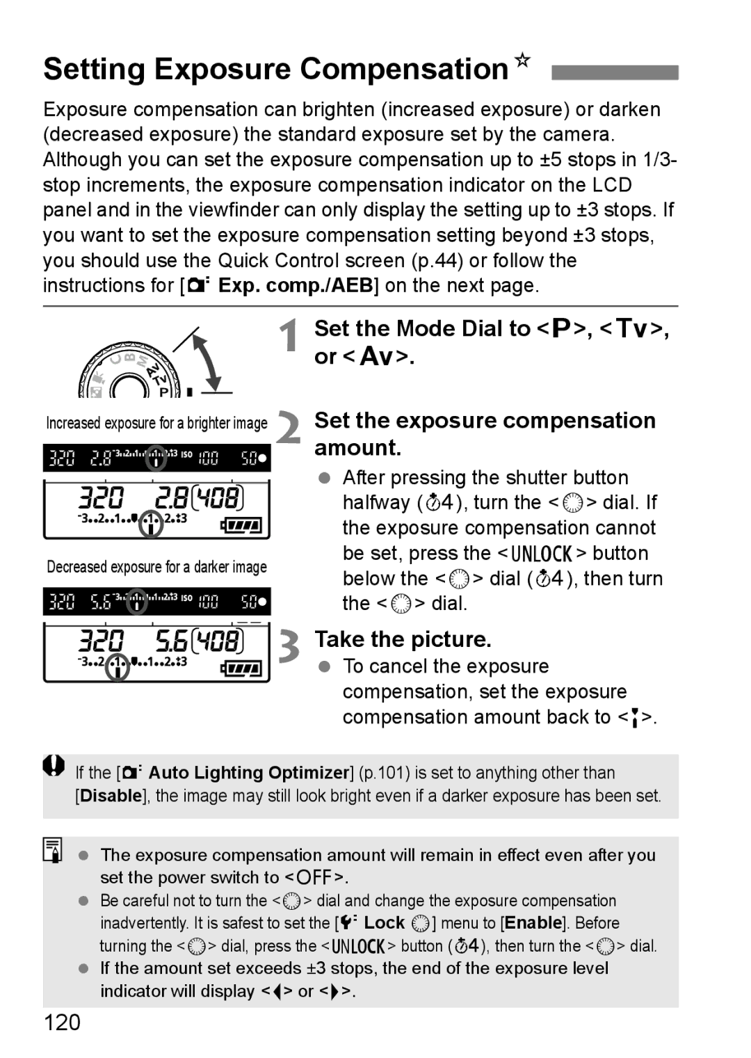 Canon 60D instruction manual Setting Exposure CompensationN, 120 