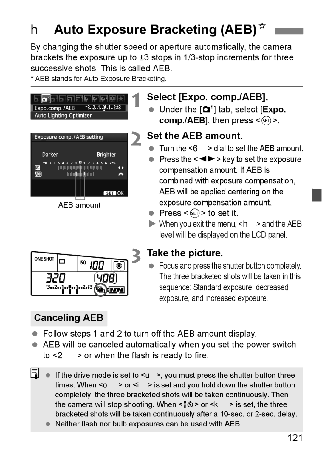 Canon 60D HAuto Exposure Bracketing Aebn, Select Expo. comp./AEB, Set the AEB amount, Canceling AEB Take the picture, 121 