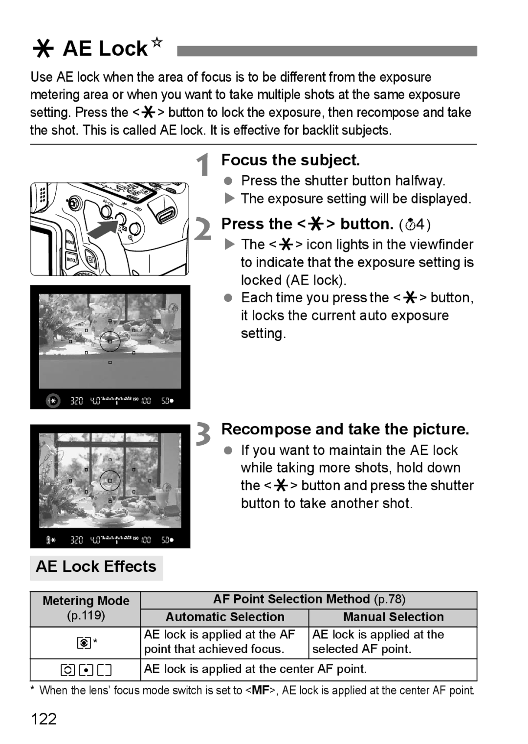 Canon 60D instruction manual AAE LockN, Press the a button, Recompose and take the picture, AE Lock Effects, 122 