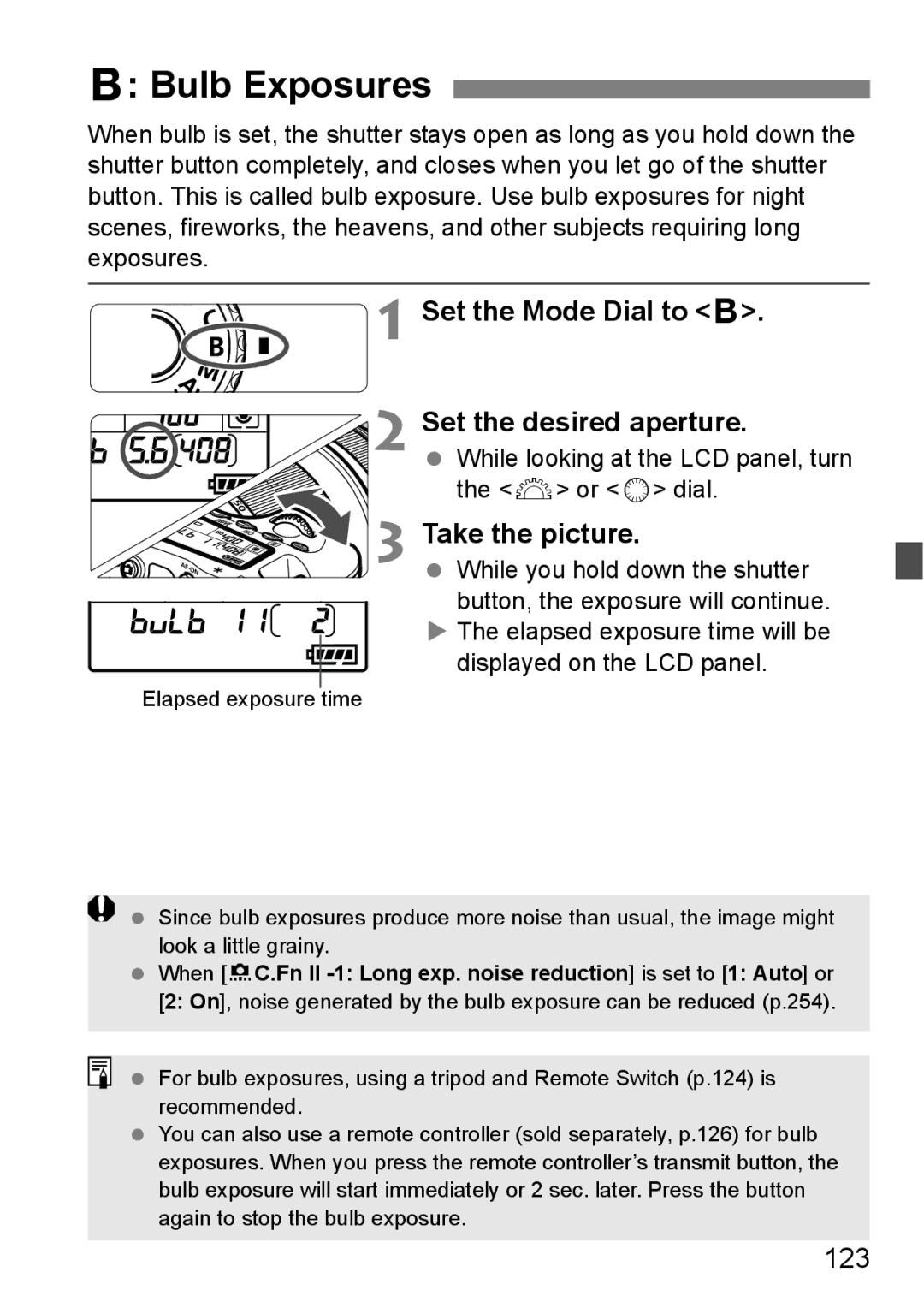 Canon 60D instruction manual Bulb Exposures, 123, Elapsed exposure time will be displayed on the LCD panel 