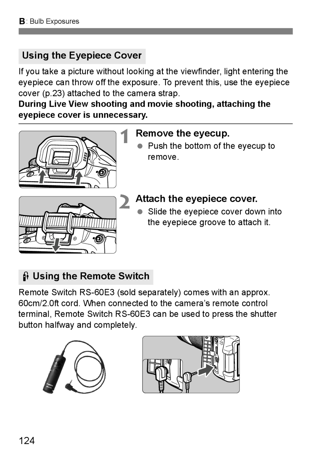 Canon 60D Using the Eyepiece Cover, Remove the eyecup, Attach the eyepiece cover, FUsing the Remote Switch, 124 