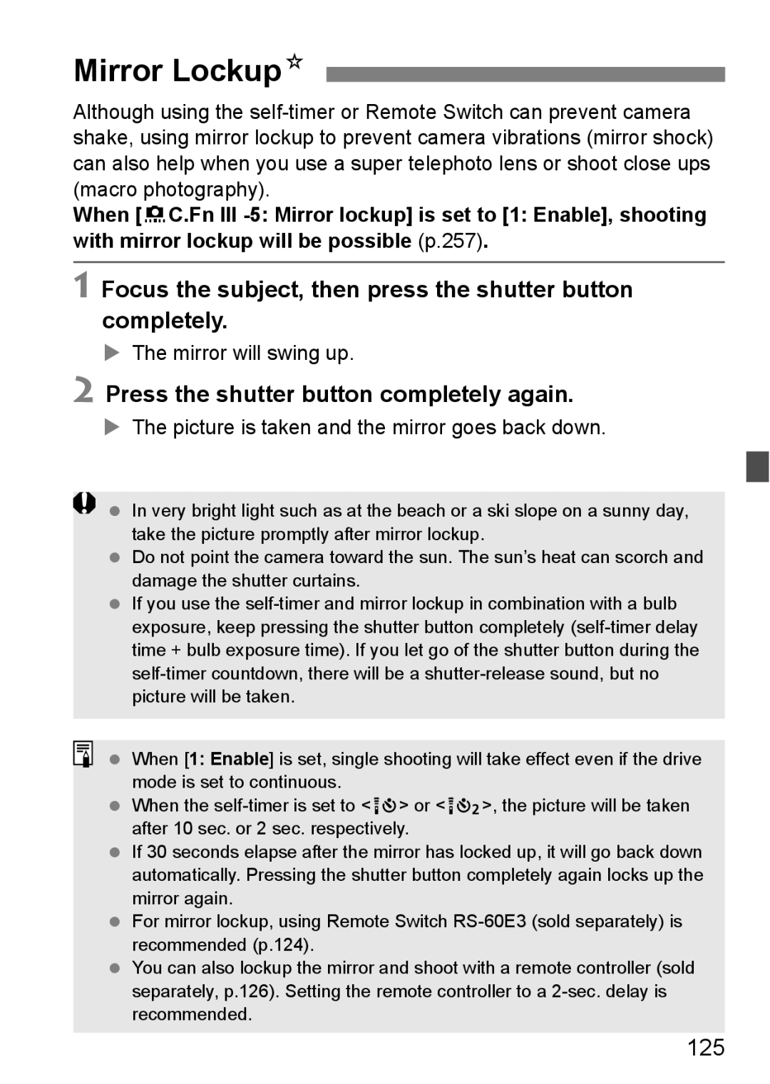 Canon 60D instruction manual Mirror LockupN, Focus the subject, then press the shutter button completely, 125 