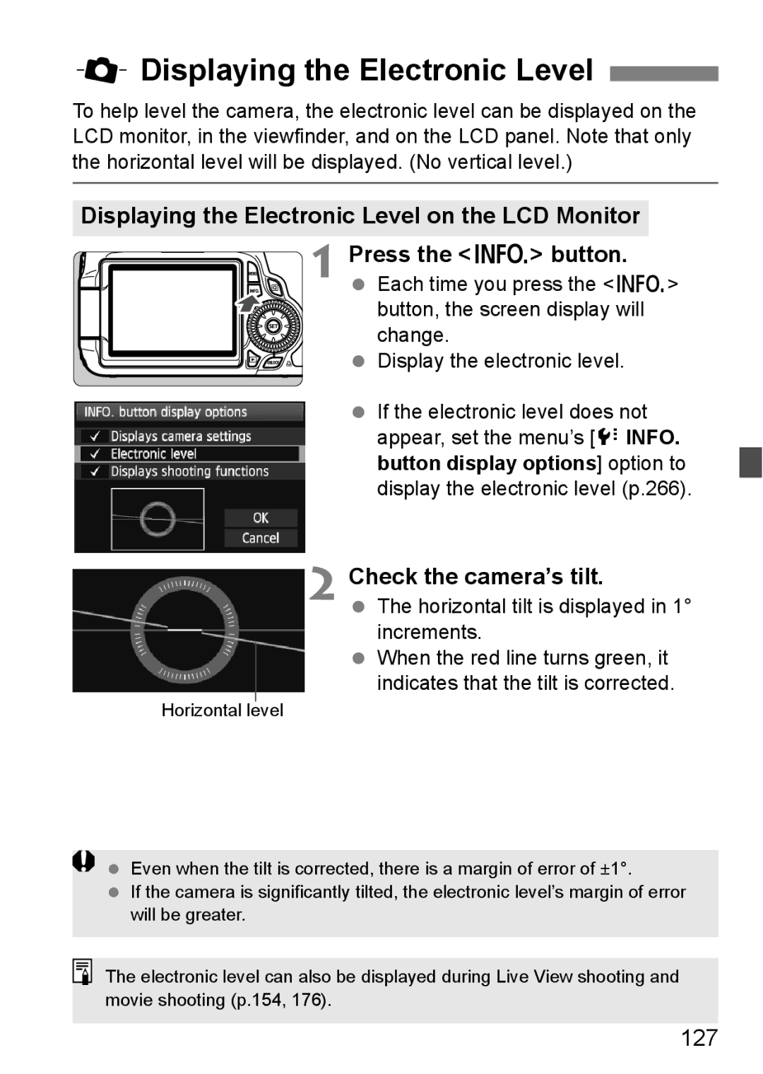 Canon 60D instruction manual Displaying the Electronic Level on the LCD Monitor, Check the camera’s tilt, 127 