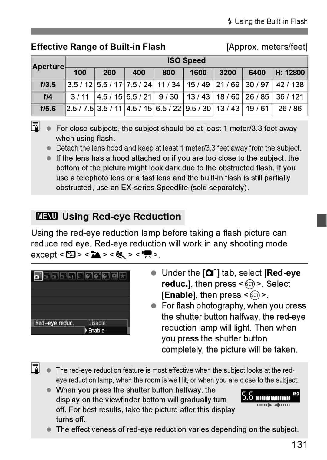 Canon 60D instruction manual 3Using Red-eye Reduction, 131, Effective Range of Built-in Flash 