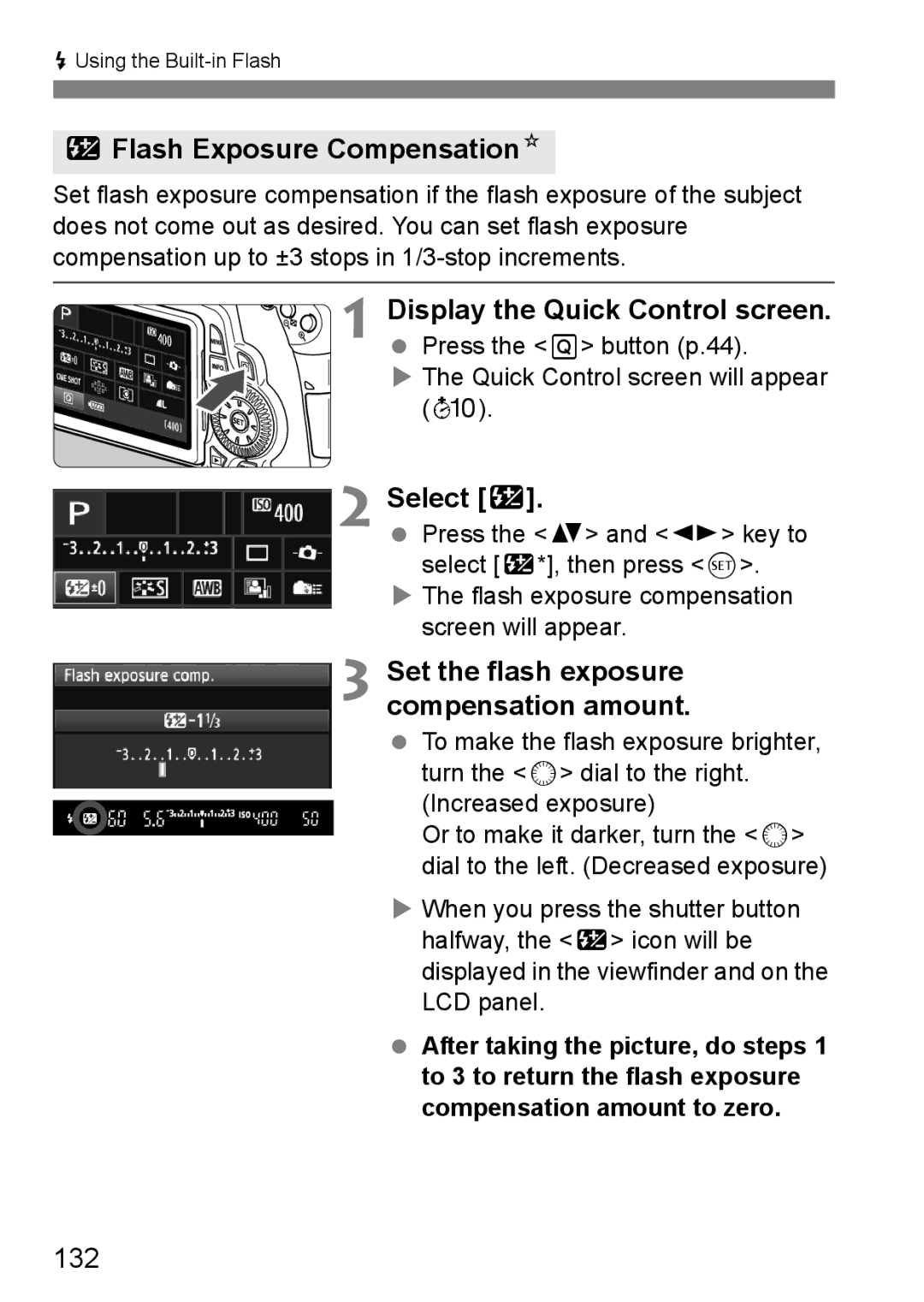 Canon 60D instruction manual YFlash Exposure CompensationN, Select y, Set the flash exposure compensation amount, 132 