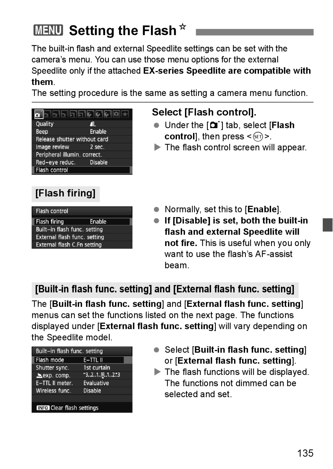 Canon 60D instruction manual 3Setting the FlashN, Select Flash control, Flash firing, 135, Normally, set this to Enable 