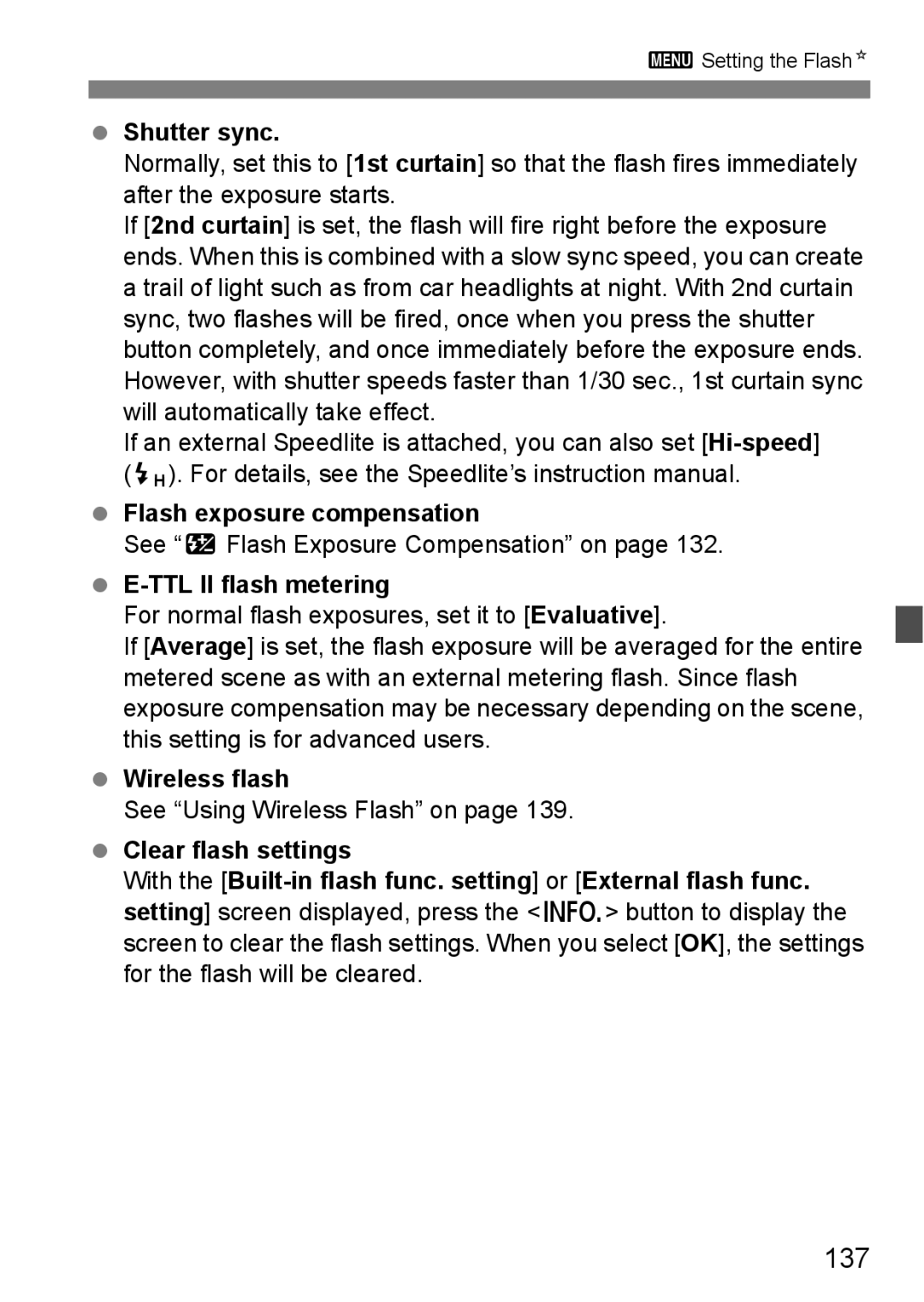 Canon 60D instruction manual 137, Shutter sync, Flash exposure compensation, TTL II flash metering, Wireless flash 