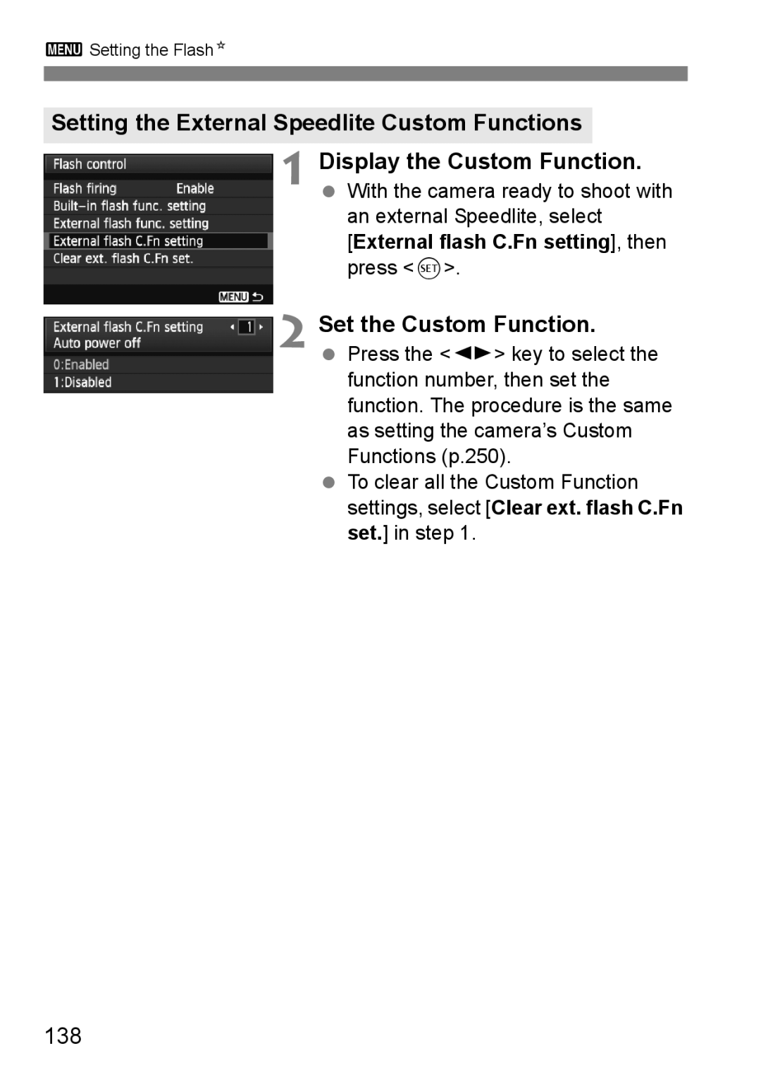 Canon 60D instruction manual Setting the External Speedlite Custom Functions, 138 