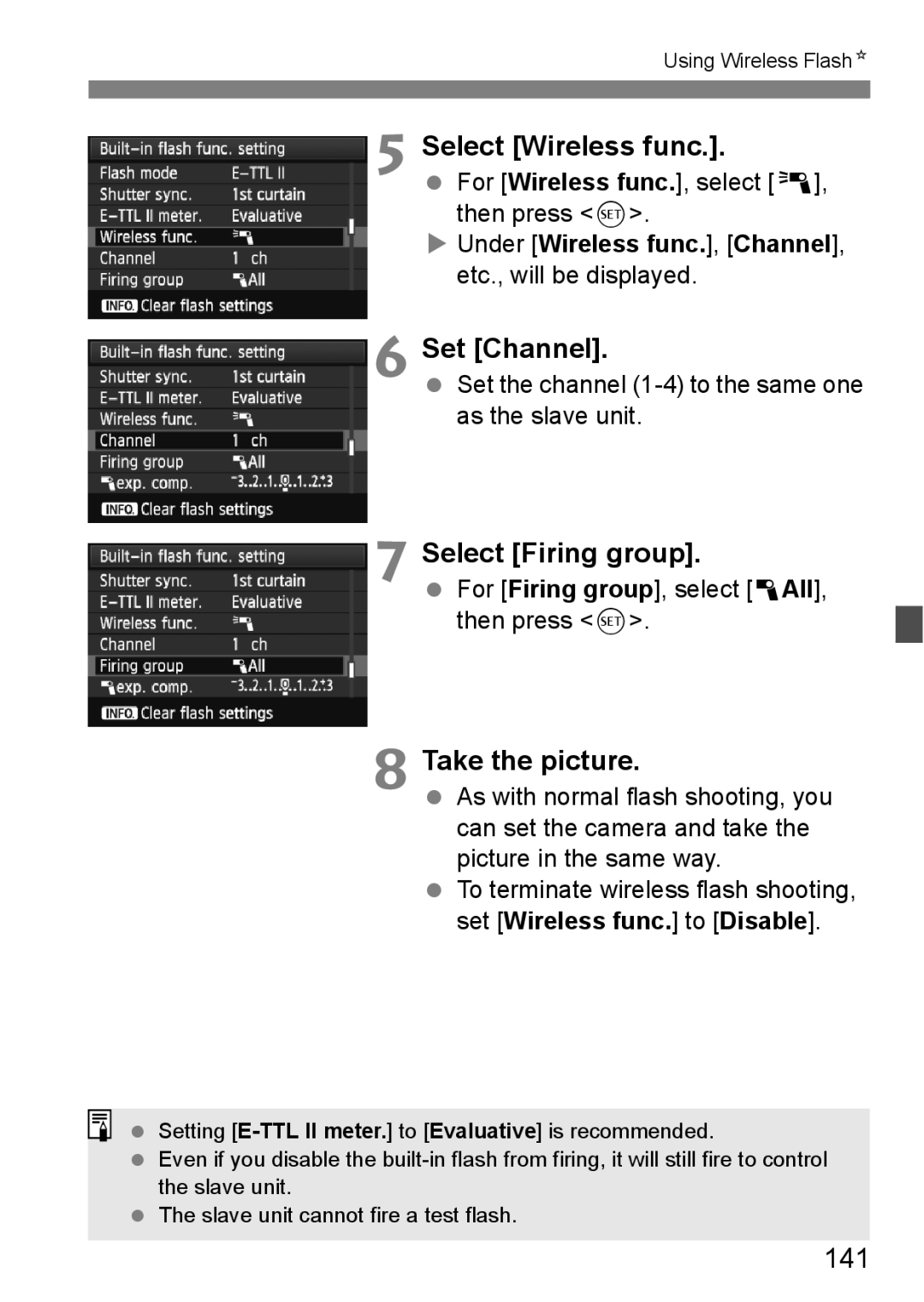 Canon 60D instruction manual Select Wireless func, Set Channel, Select Firing group, 141 