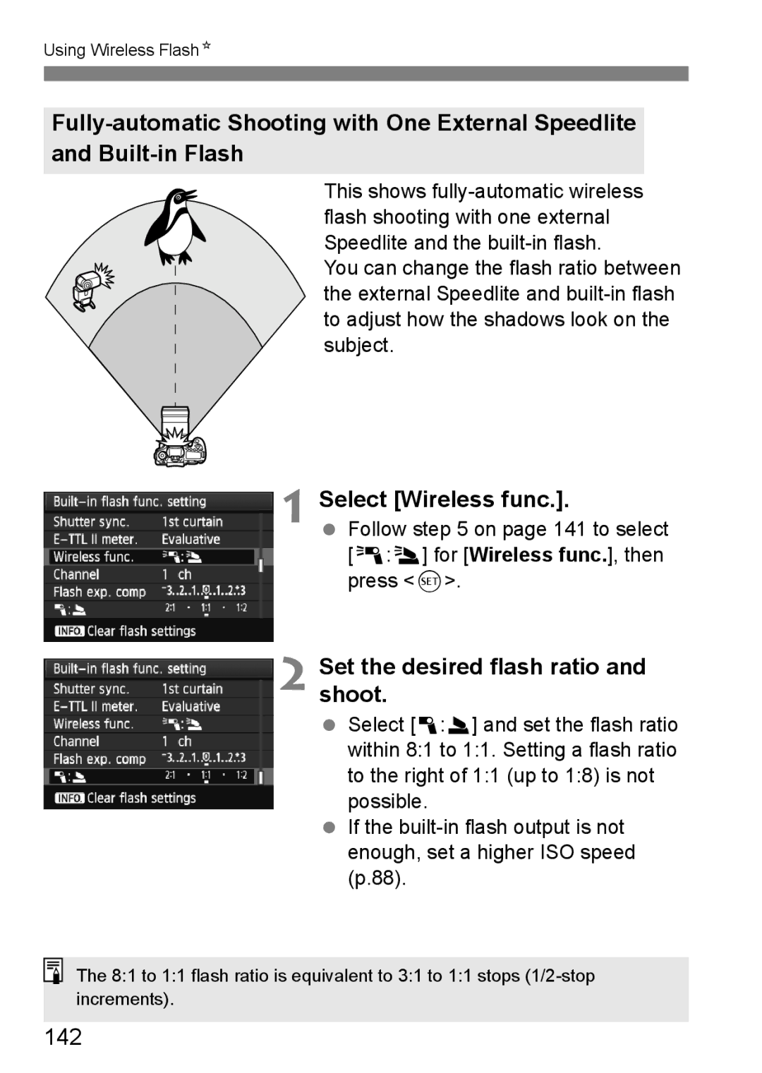 Canon 60D instruction manual Set the desired flash ratio and shoot, 142 