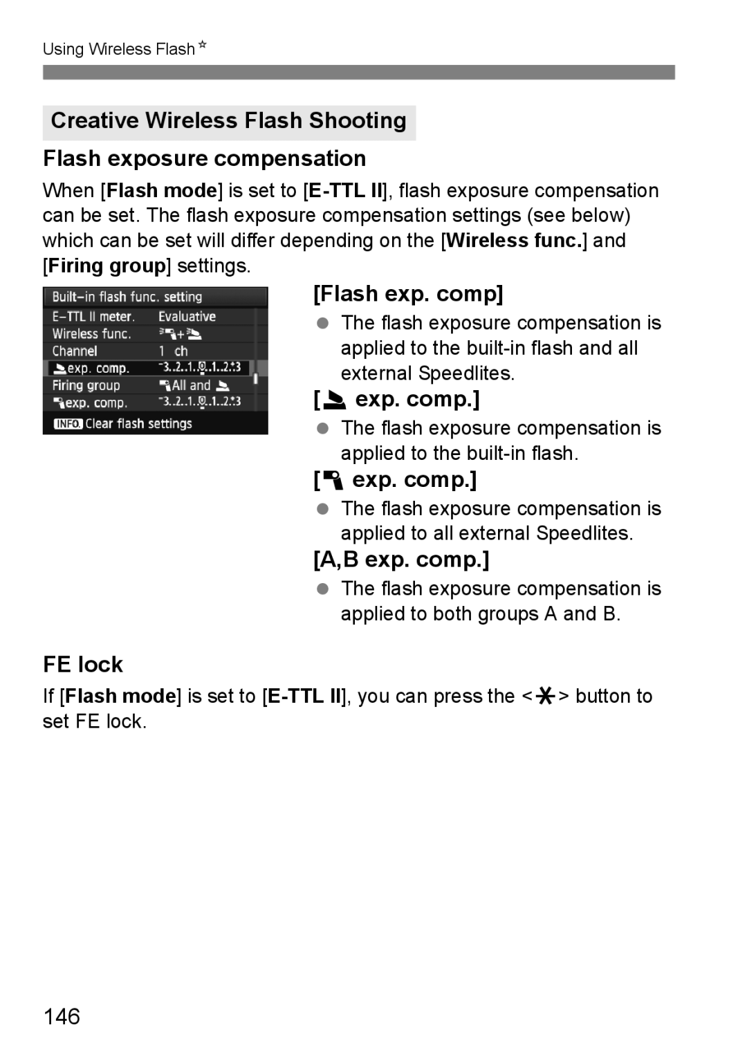 Canon 60D instruction manual Flash exp. comp, Exp. comp, FE lock, 146 