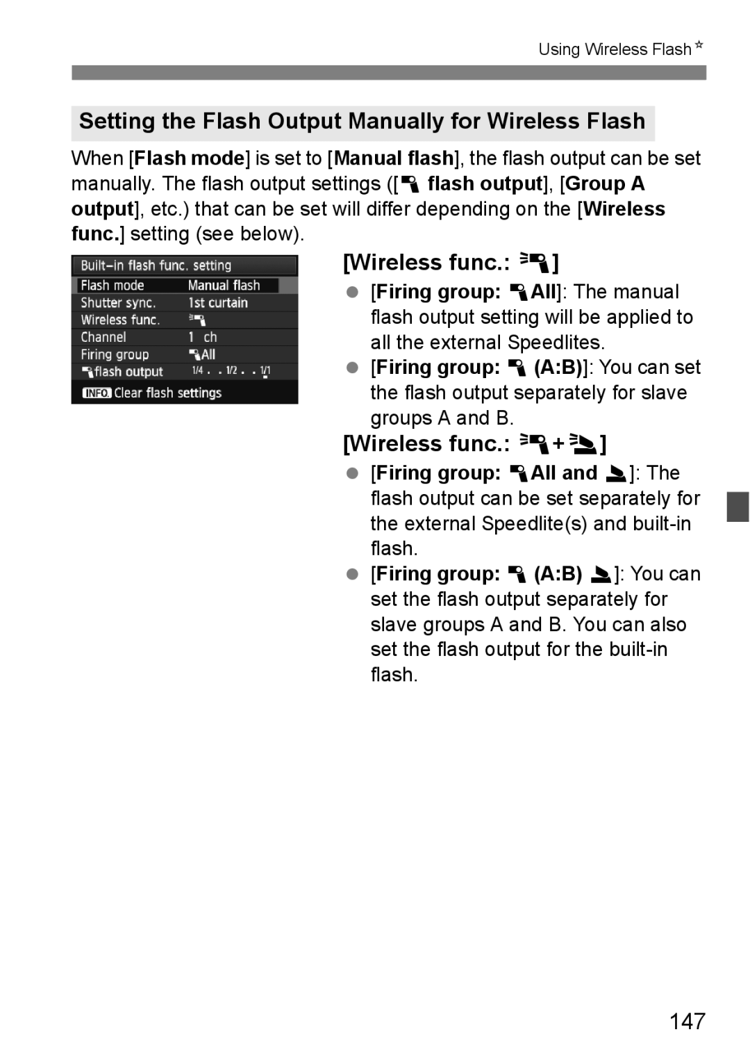 Canon 60D instruction manual Setting the Flash Output Manually for Wireless Flash, Wireless func +3, 147 