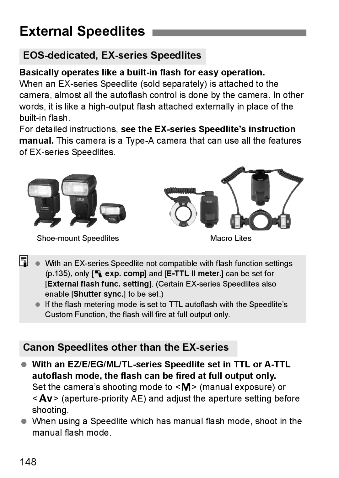 Canon 60D External Speedlites, EOS-dedicated, EX-series Speedlites, Canon Speedlites other than the EX-series, 148 