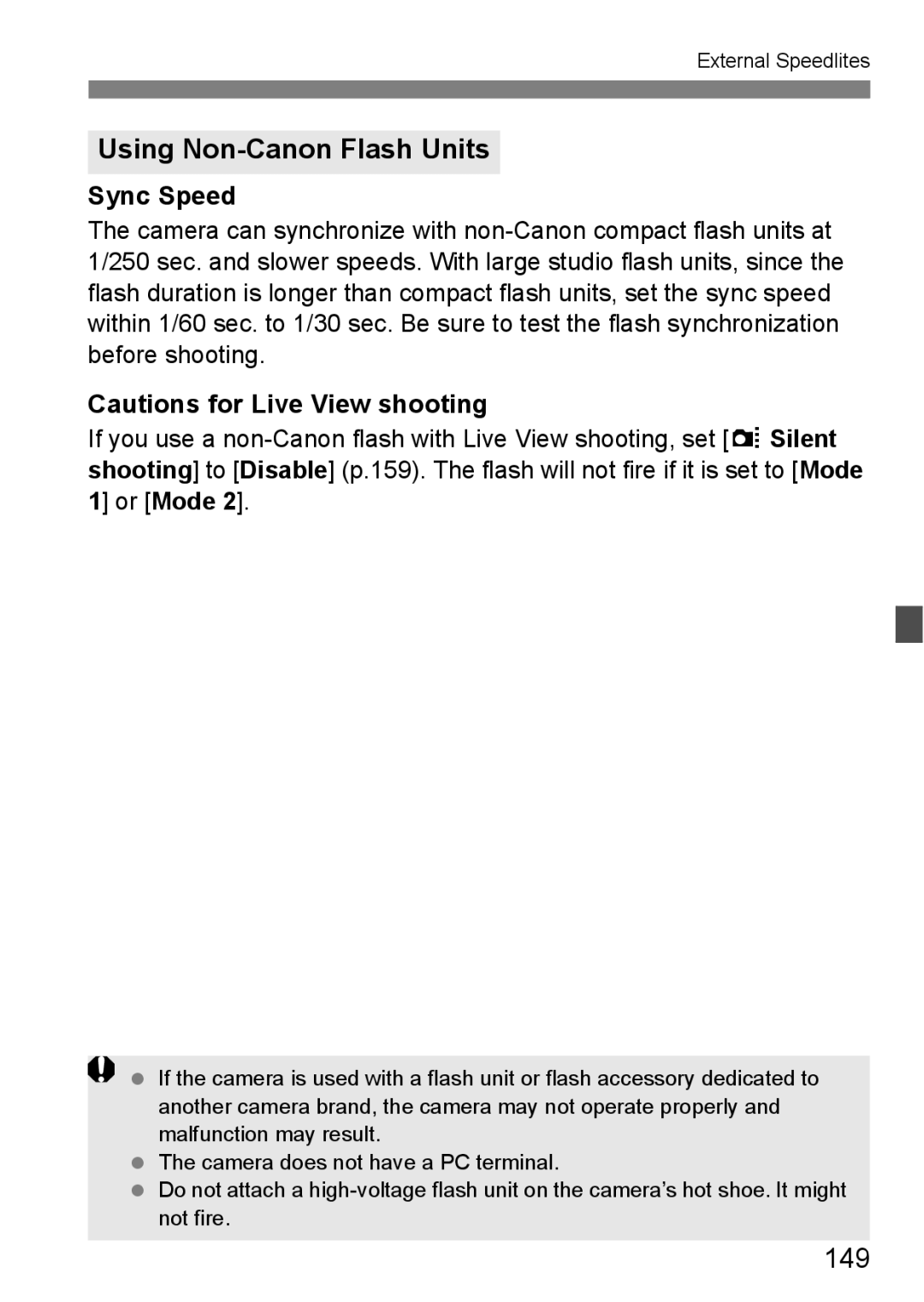 Canon 60D instruction manual Using Non-Canon Flash Units, 149, Sync Speed 