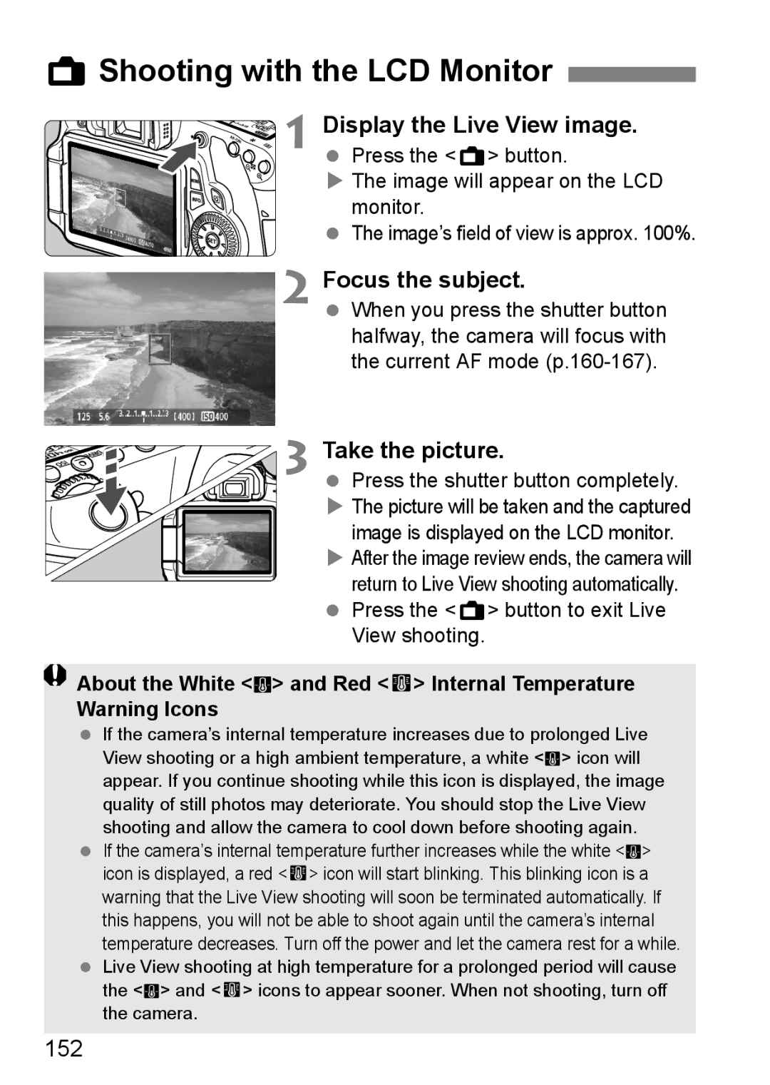 Canon 60D instruction manual AShooting with the LCD Monitor, Display the Live View image, 152 