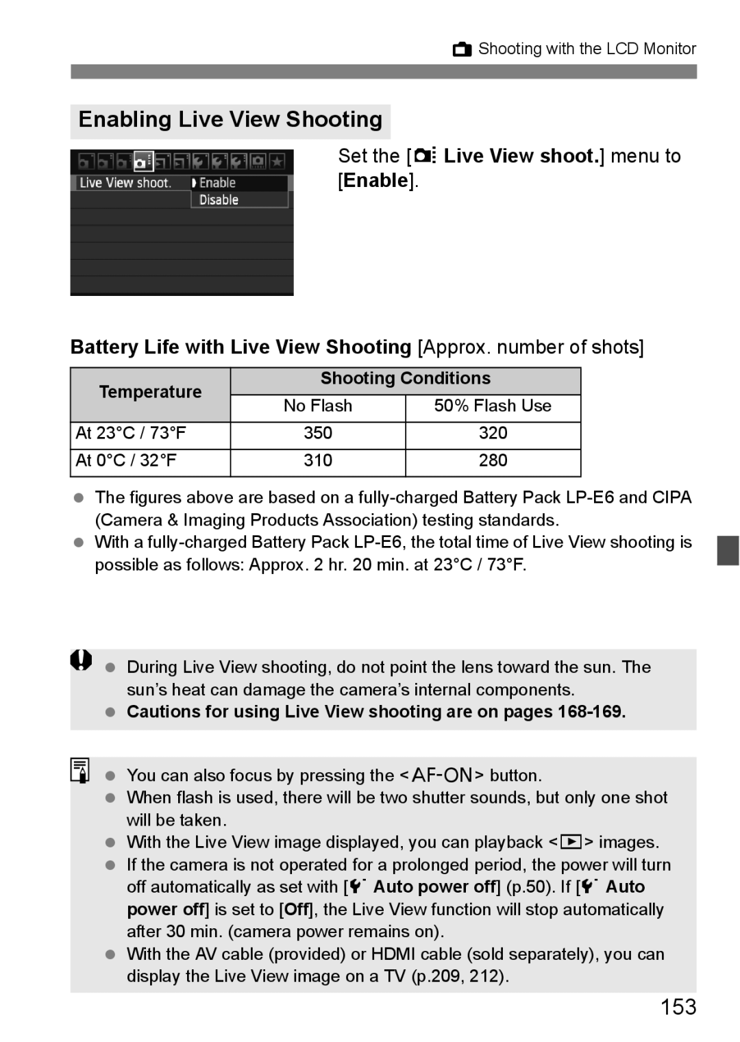 Canon 60D Enabling Live View Shooting, 153, Set the zLive View shoot. menu to Enable, Temperature Shooting Conditions 