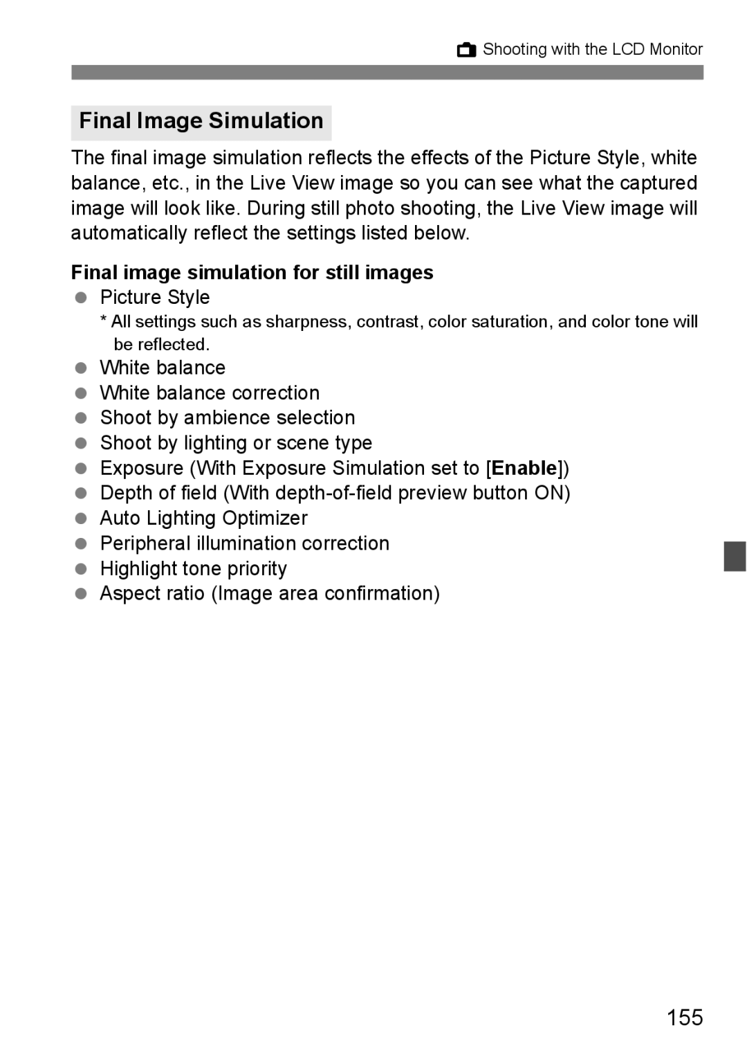 Canon 60D instruction manual Final Image Simulation, 155, Final image simulation for still images, Picture Style 