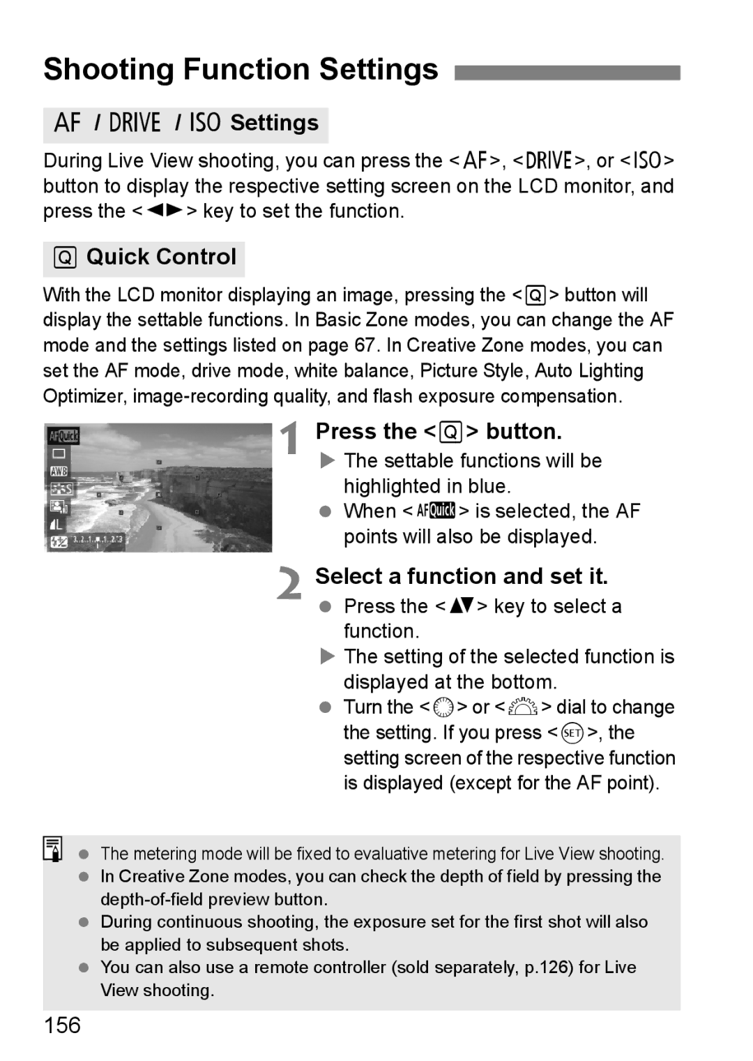 Canon 60D instruction manual Shooting Function Settings, ISettings, QQuick Control, 156 