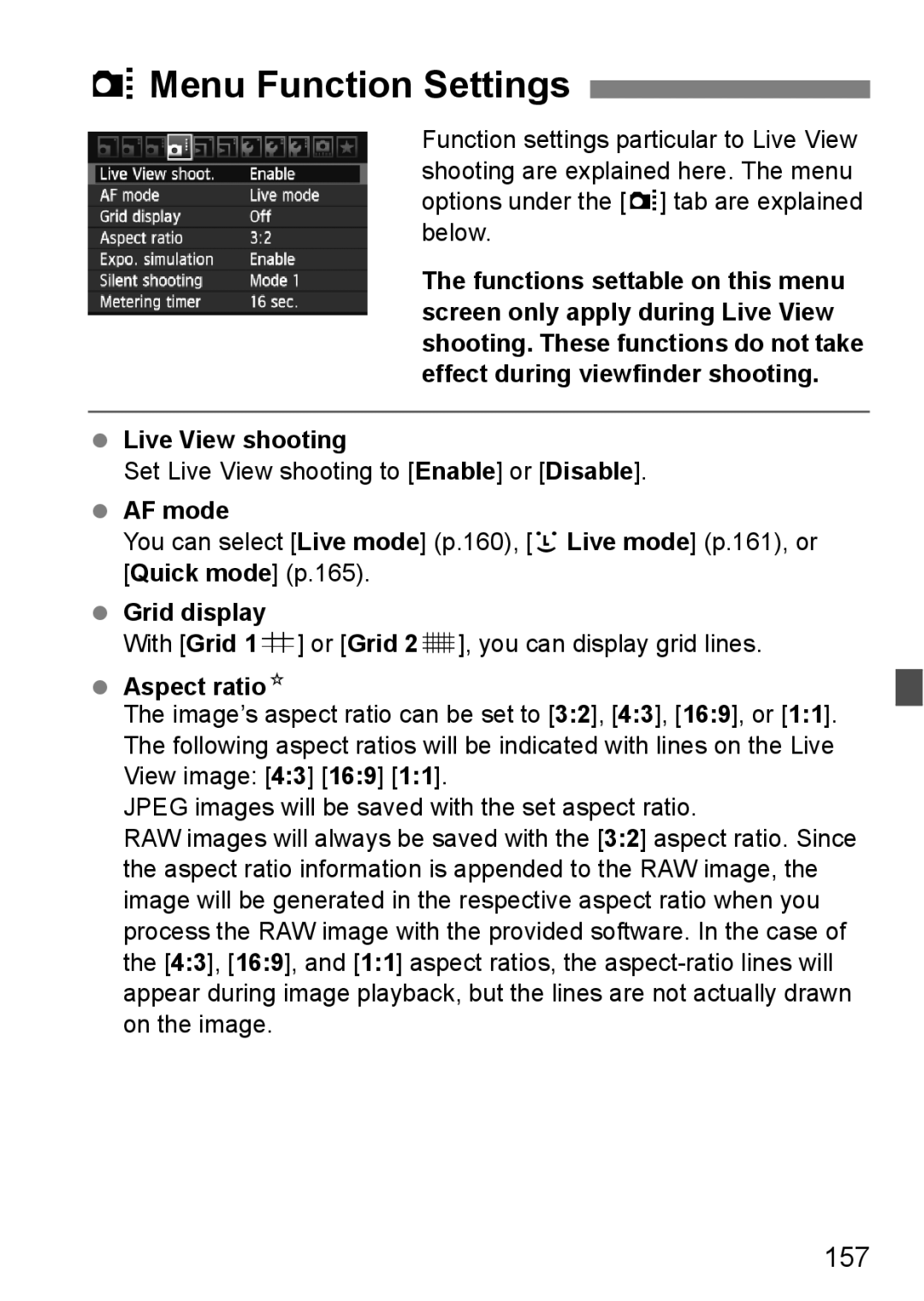 Canon 60D instruction manual ZMenu Function Settings, 157, AF mode, Grid display, Aspect ratioN 