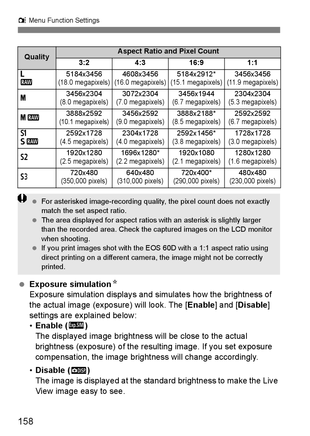 Canon 60D instruction manual 158, Exposure simulationN, Enable g, Disable E, Quality Aspect Ratio and Pixel Count 169 