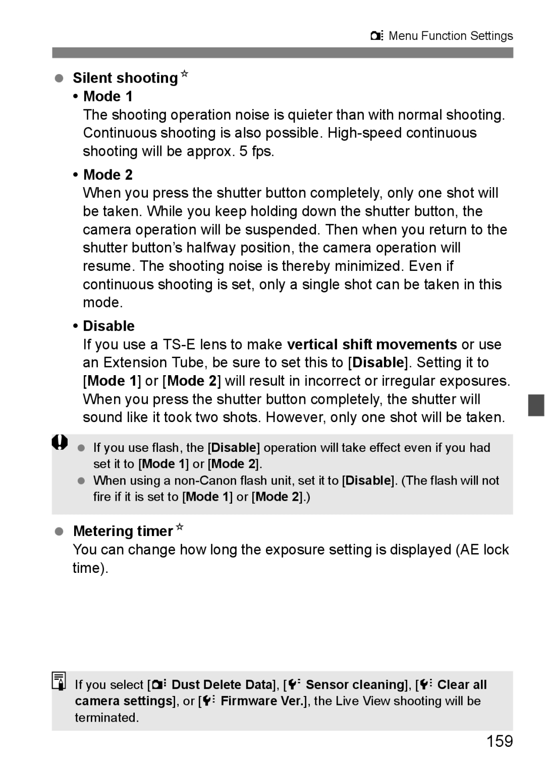 Canon 60D instruction manual 159, Silent shootingN Mode, Disable, Metering timerN 