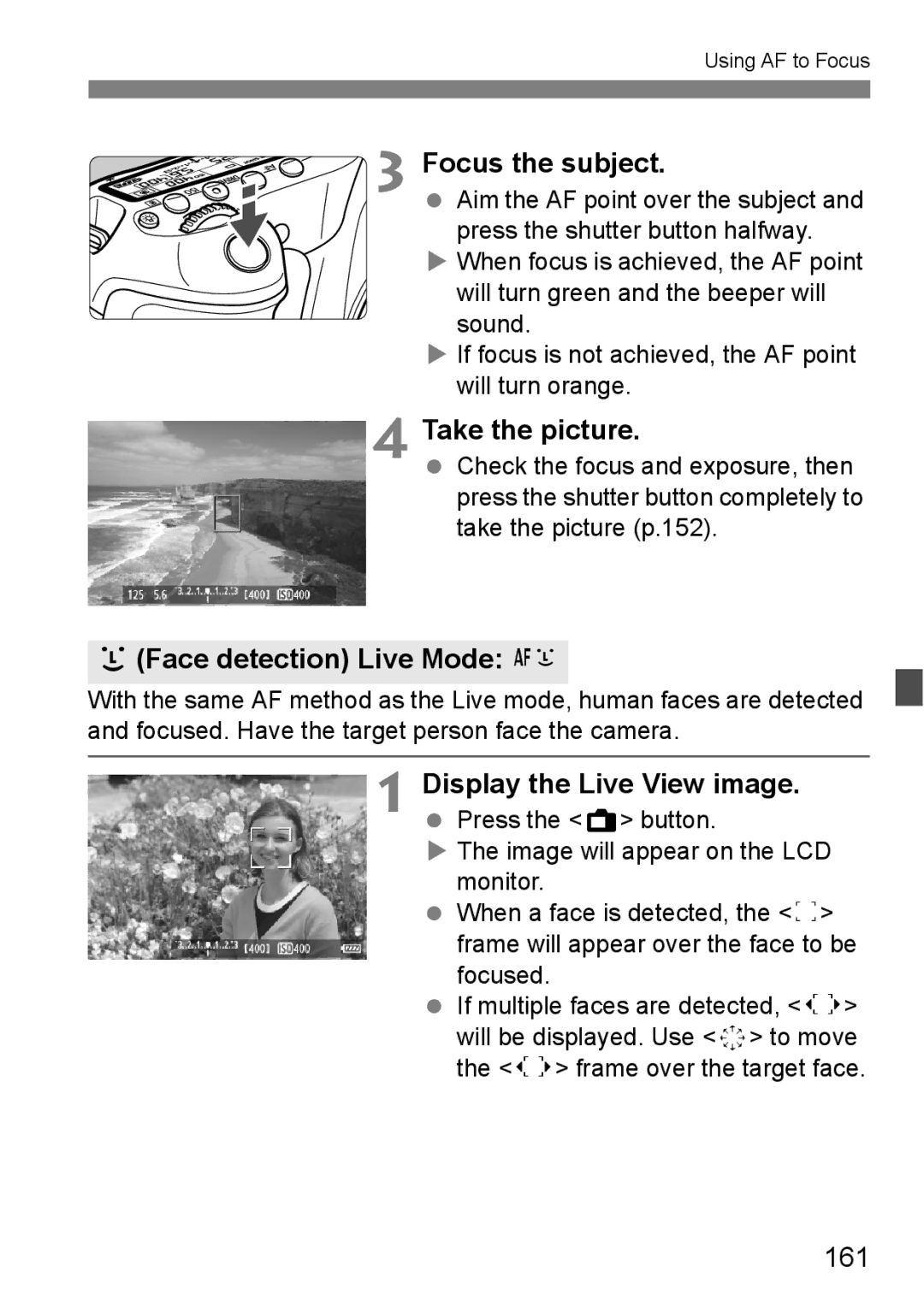 Canon 60D instruction manual UFace detection Live Mode c, 161 