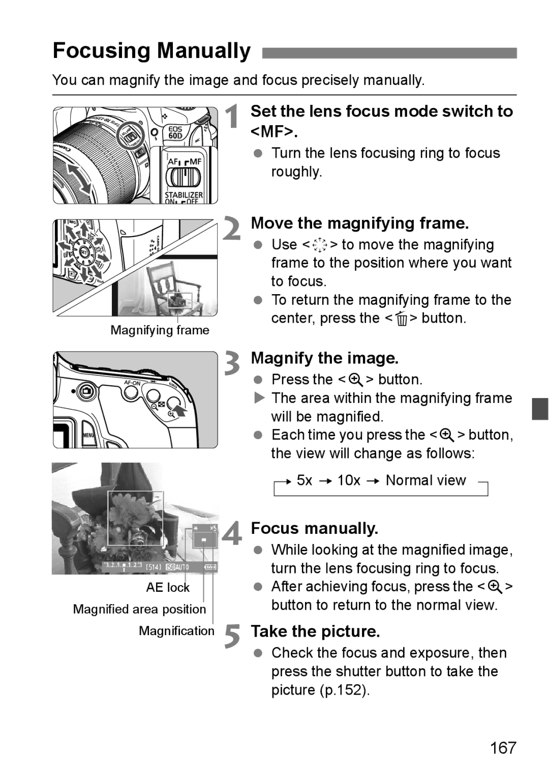 Canon 60D instruction manual Focusing Manually, Focus manually, 167, You can magnify the image and focus precisely manually 