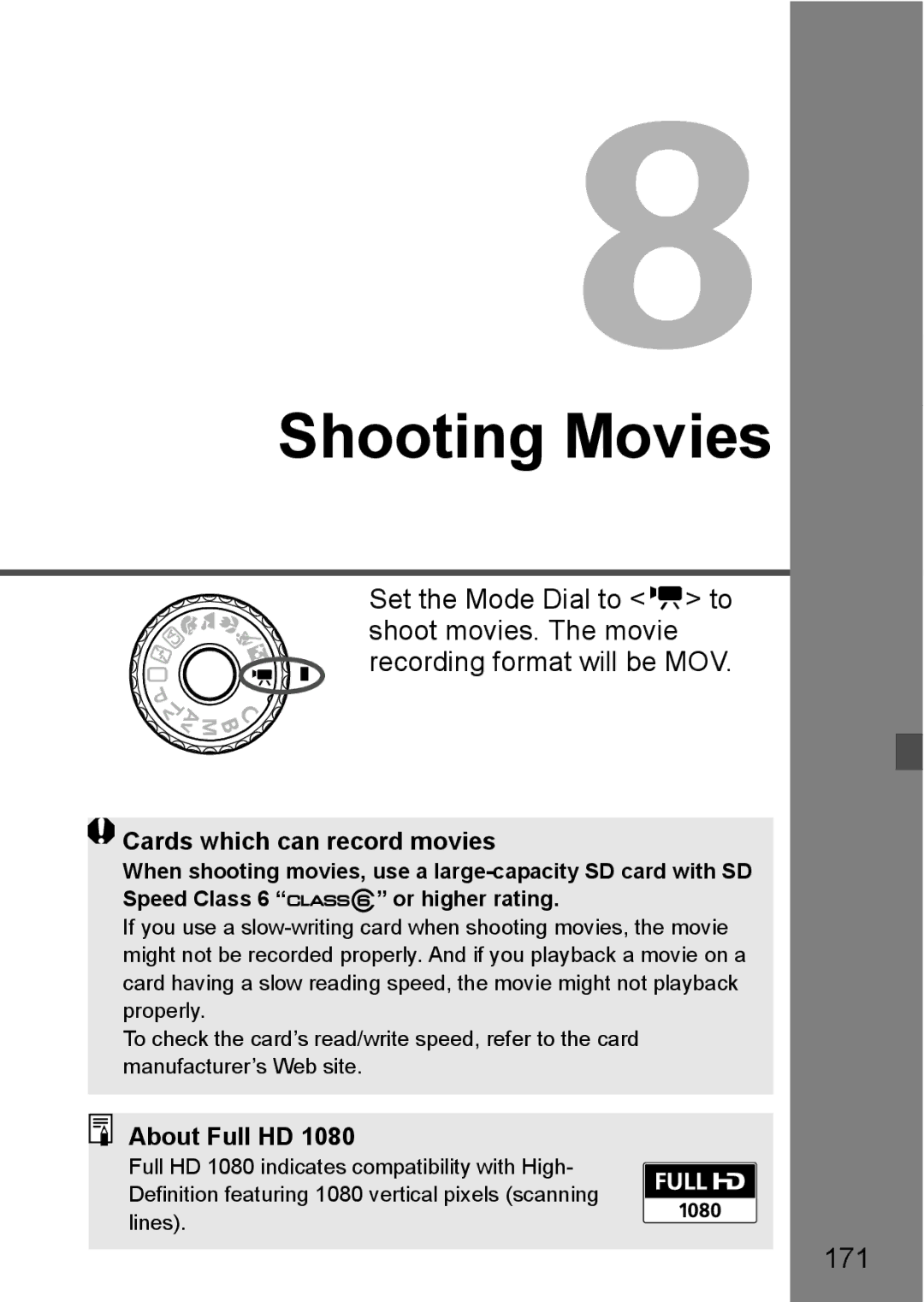 Canon 60D instruction manual 171, Cards which can record movies, About Full HD 