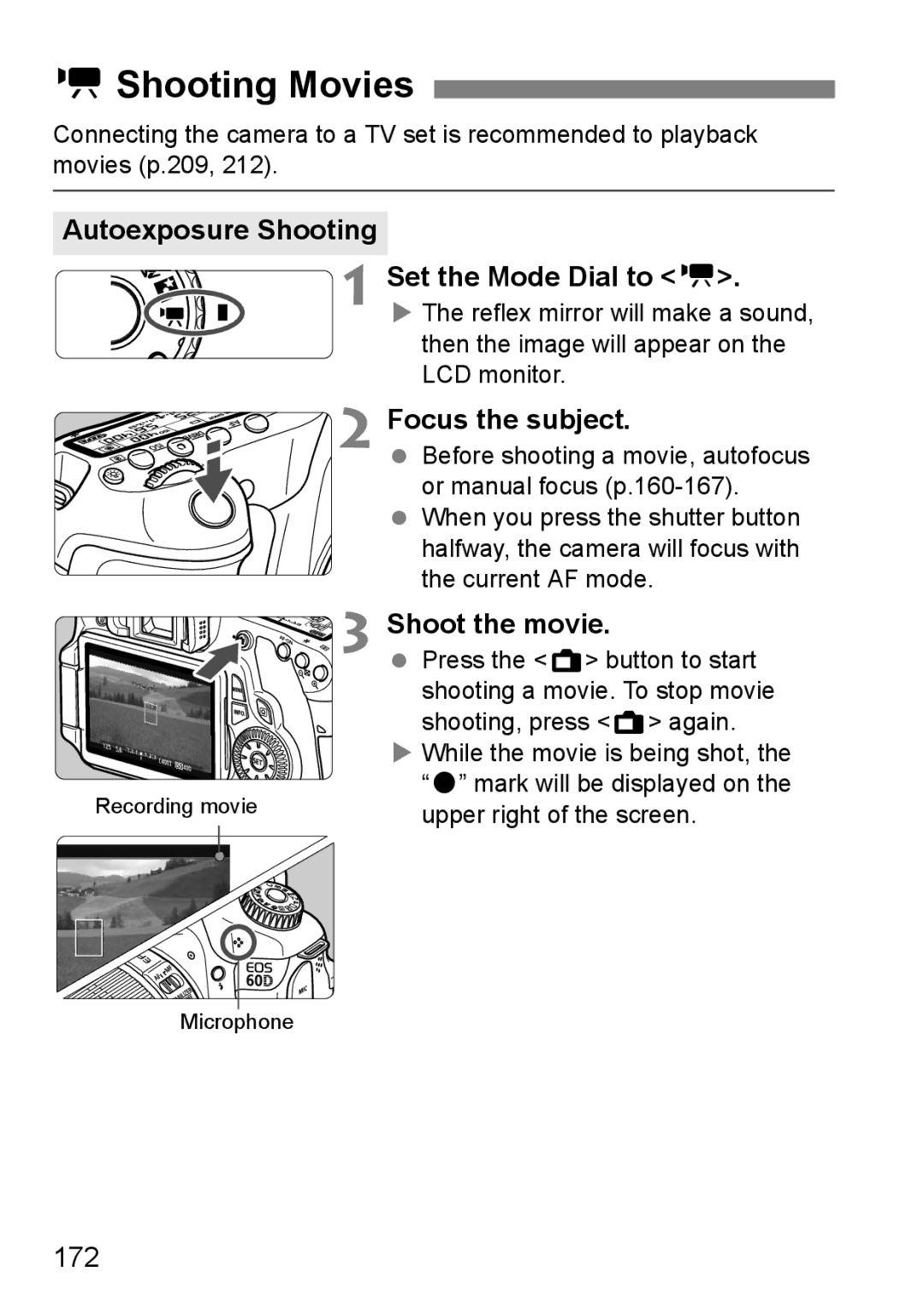 Canon 60D instruction manual KShooting Movies, Autoexposure Shooting Set the Mode Dial to k, Shoot the movie, 172 