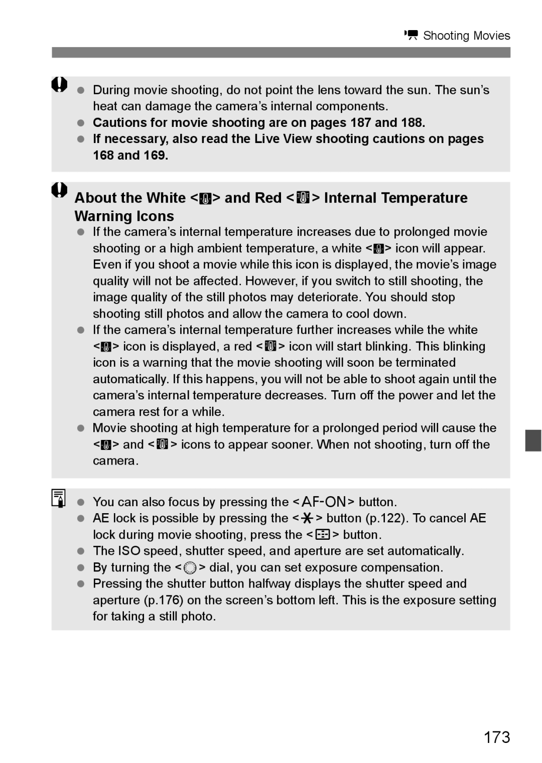 Canon 60D instruction manual 173, About the White and Red E Internal Temperature Warning Icons 