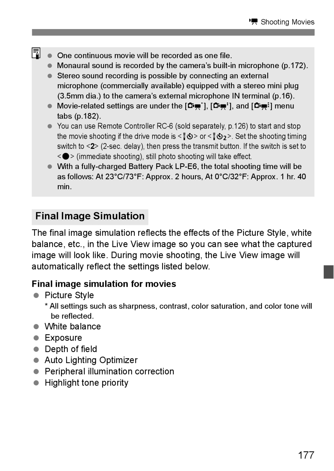 Canon 60D instruction manual 177, Final image simulation for movies 