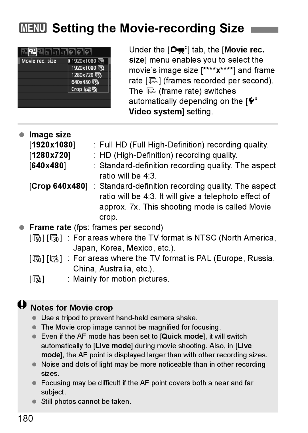 Canon 60D instruction manual 3Setting the Movie-recording Size, 180 