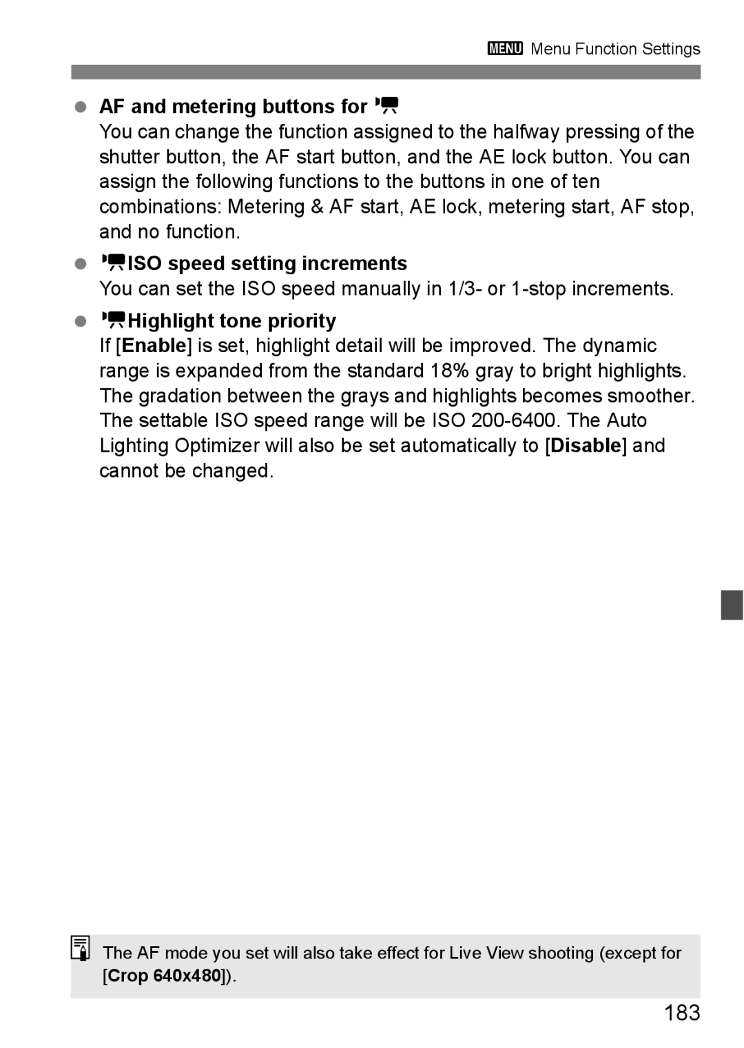 Canon 60D instruction manual 183, AF and metering buttons for k, KISO speed setting increments, KHighlight tone priority 