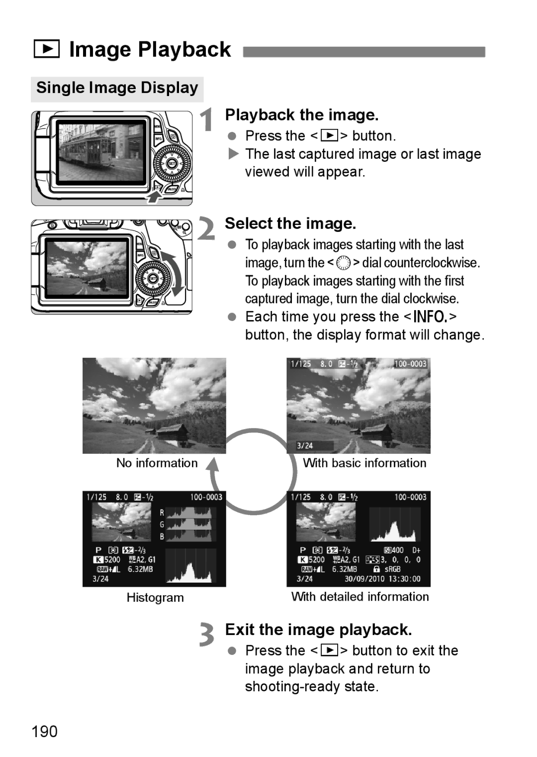 Canon 60D XImage Playback, Single Image Display Playback the image, Select the image, Exit the image playback, 190 