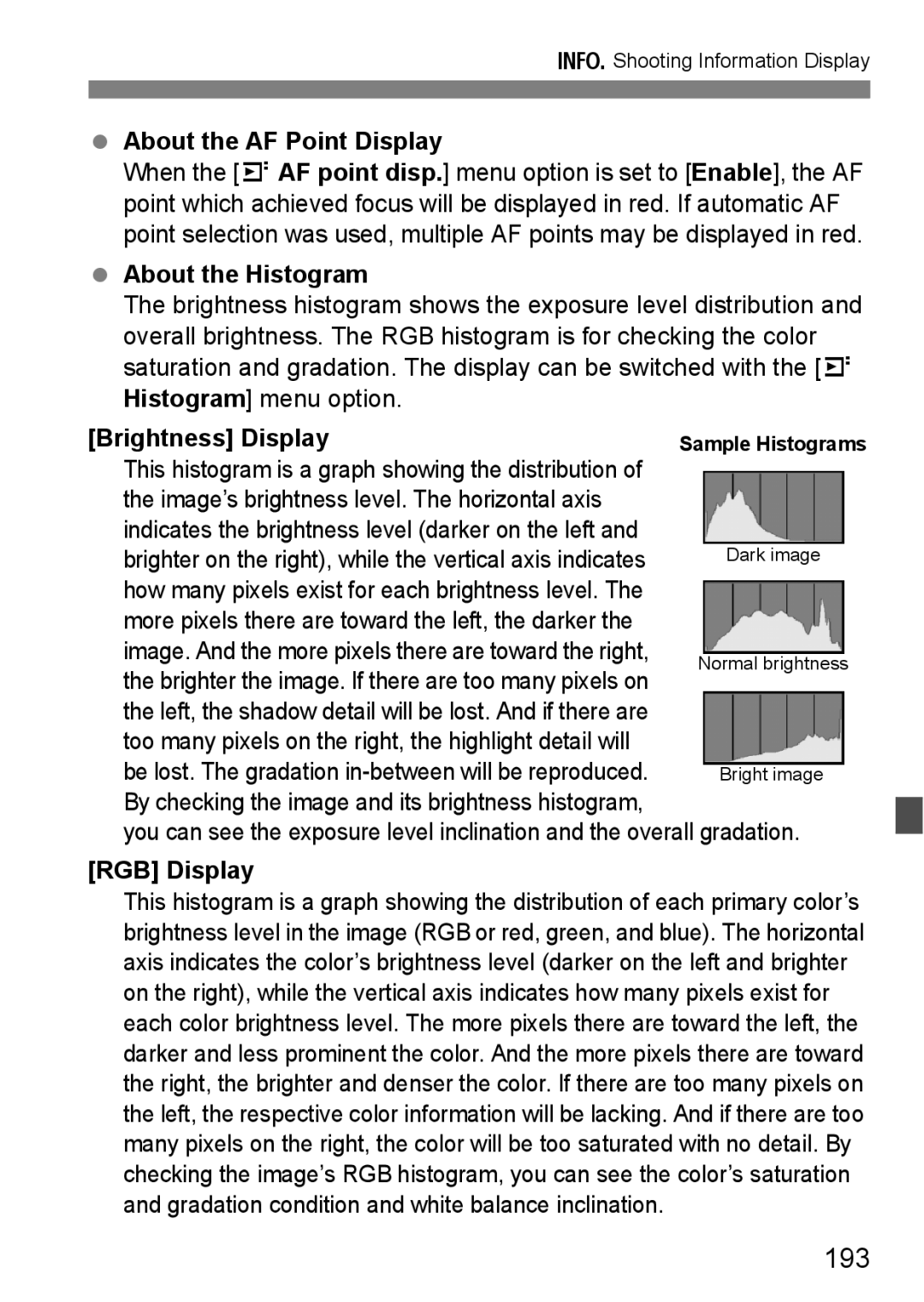 Canon 60D instruction manual 193, About the AF Point Display, About the Histogram, Brightness Display, RGB Display 