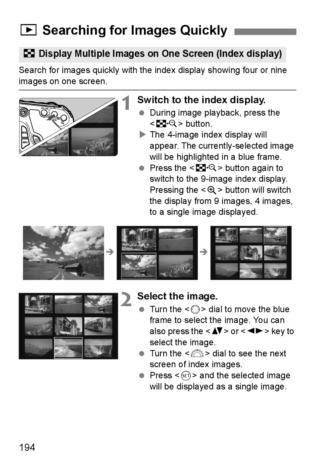 Canon 60D instruction manual XSearching for Images Quickly, HDisplay Multiple Images on One Screen Index display, 194 