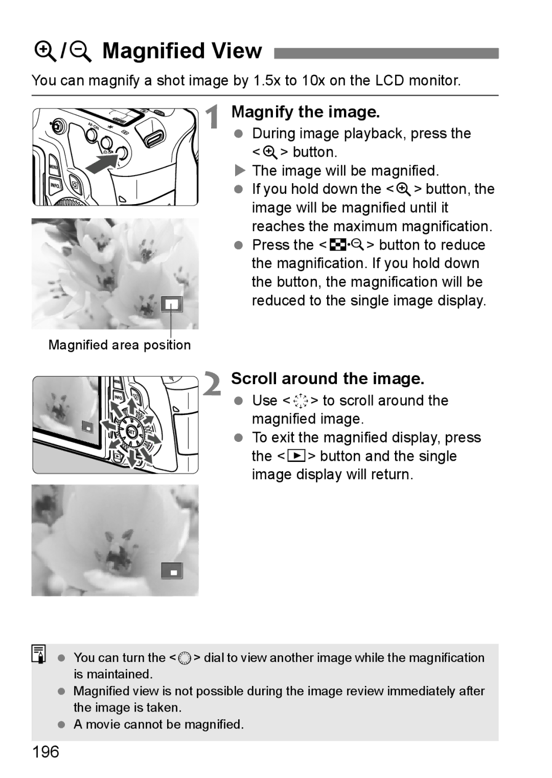 Canon 60D instruction manual YMagnified View, Magnify the image, Scroll around the image, 196 