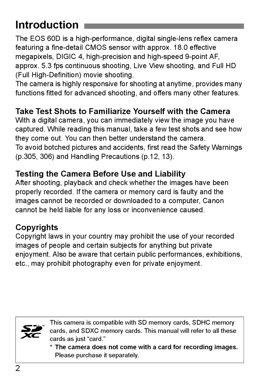 Canon 60D instruction manual Introduction, Take Test Shots to Familiarize Yourself with the Camera, Copyrights 