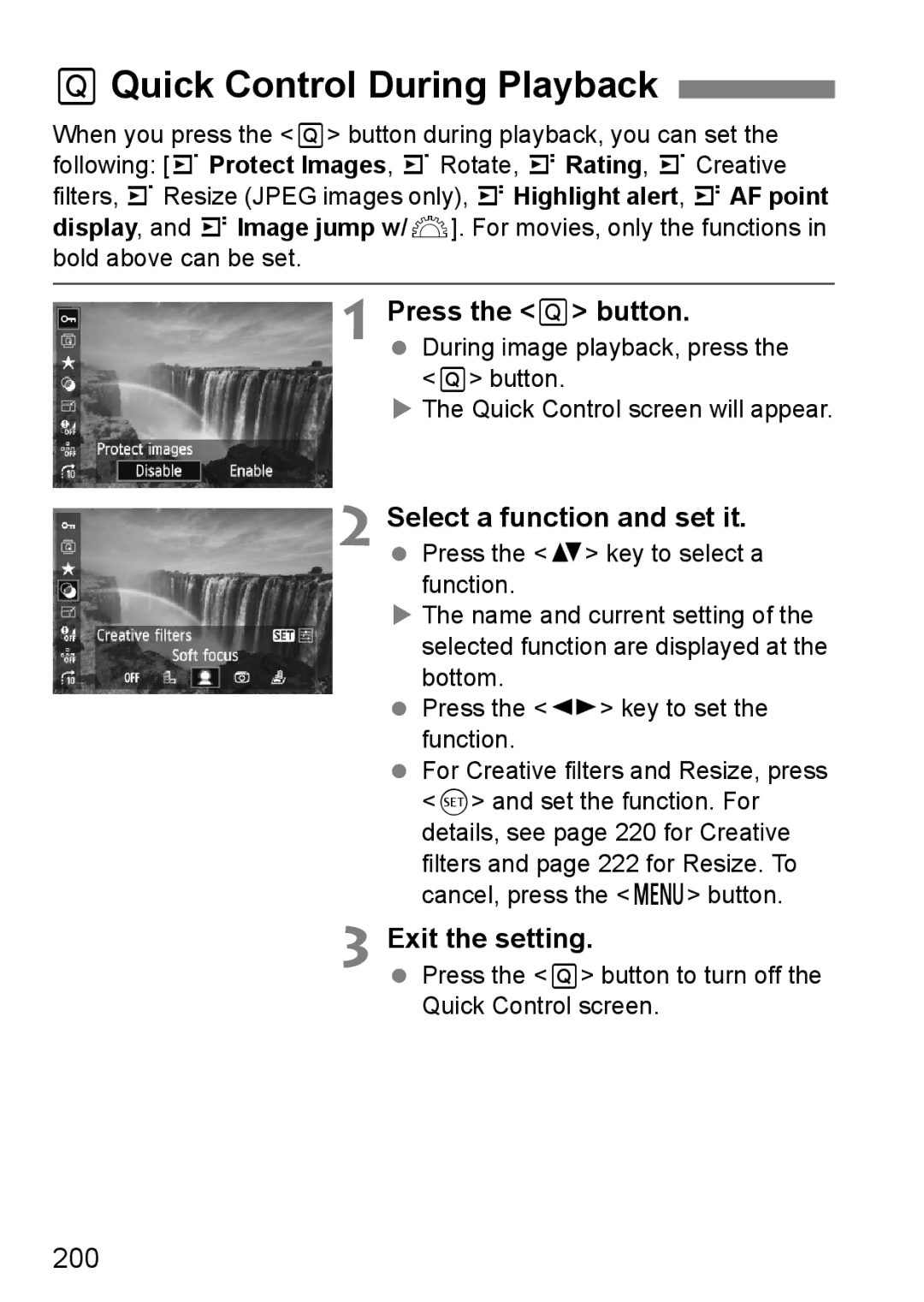 Canon 60D instruction manual QQuick Control During Playback, Select a function and set it, 200 