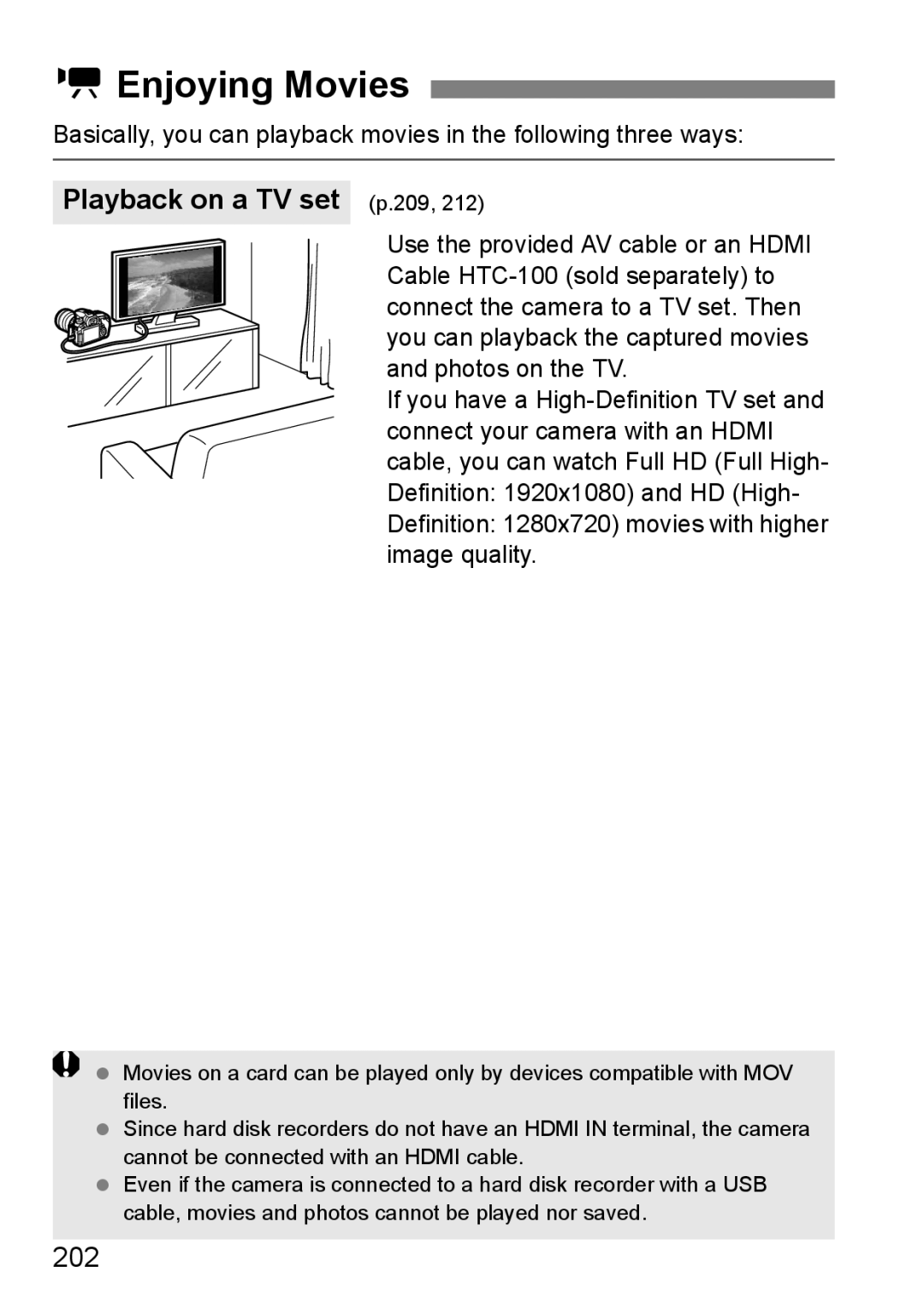 Canon 60D instruction manual KEnjoying Movies, Playback on a TV set p.209, 202 